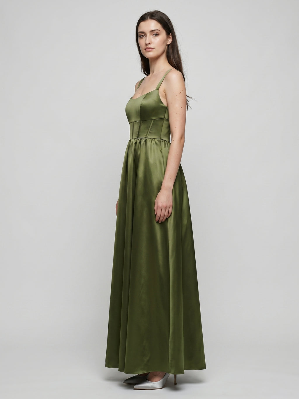 Olive Green Satin A-Line Scoop Neck Backless Floor-Length Bridesmaid Dress with Pockets