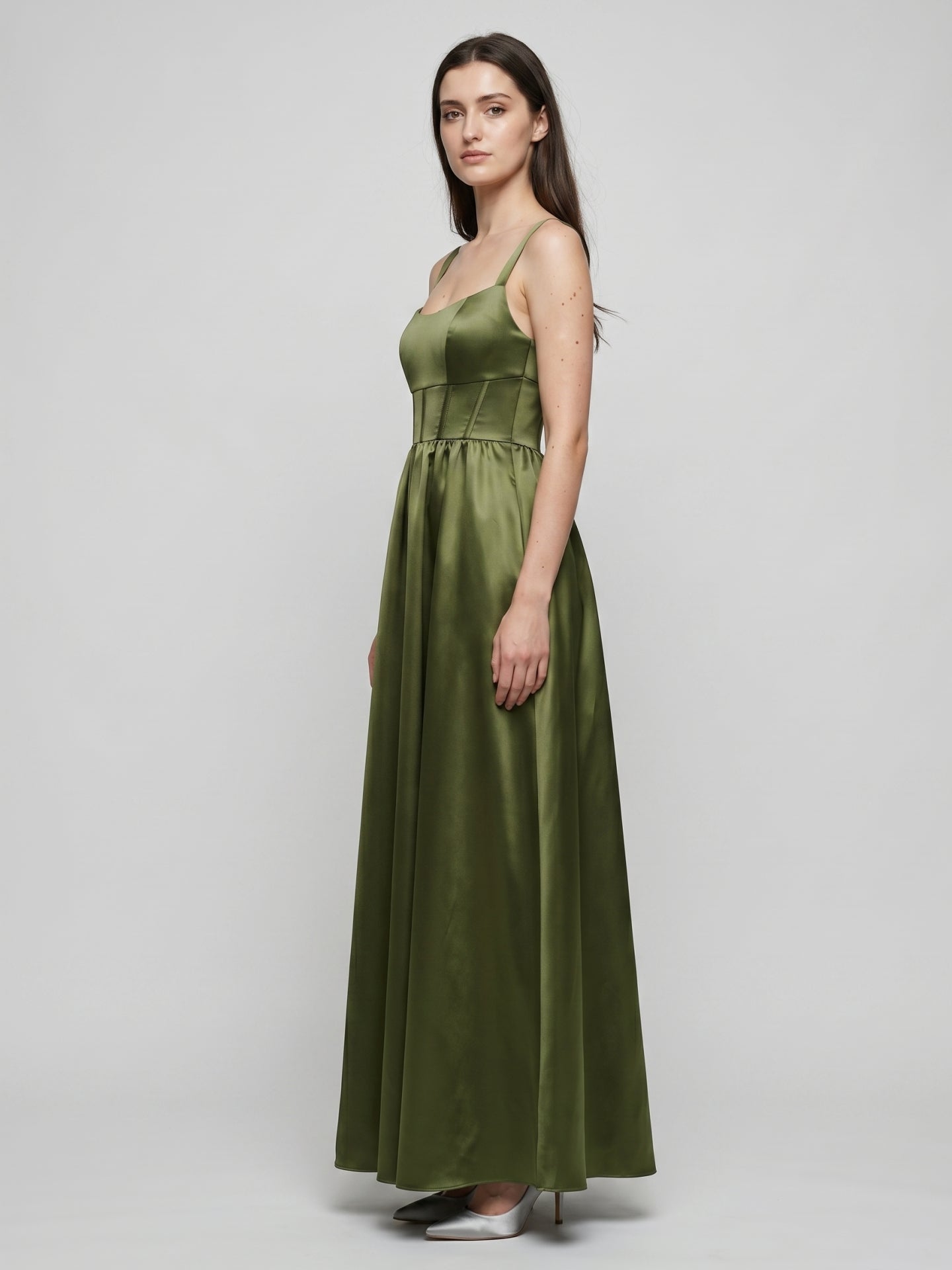 Olive Green Satin A-Line Scoop Neck Backless Floor-Length Bridesmaid Dress with Pockets