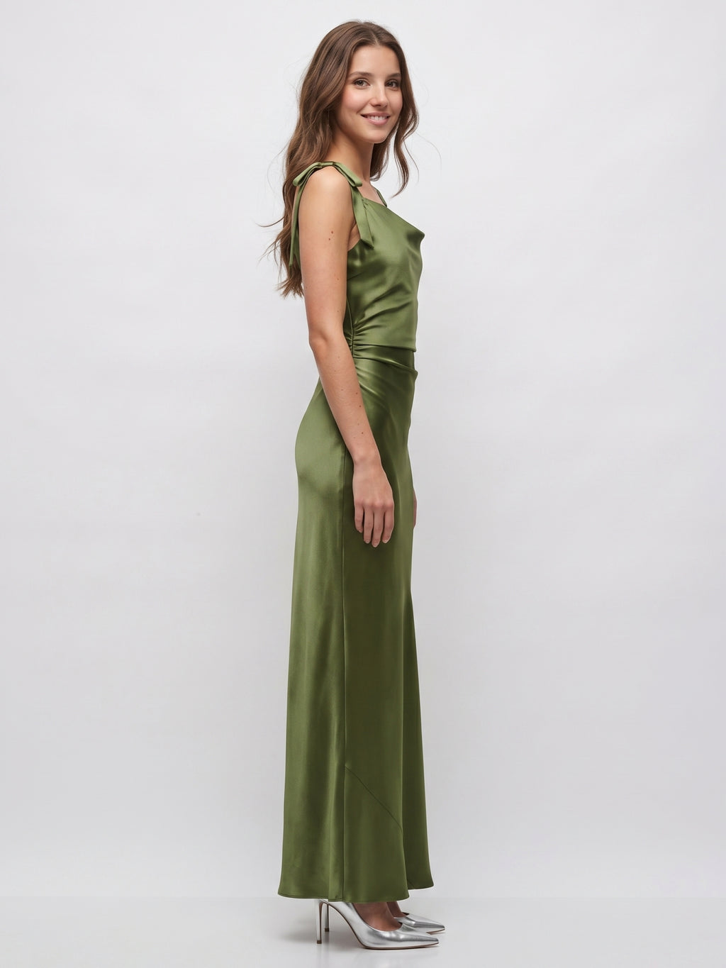 Olive Green Satin Mermaid Cowl Neck Backless Floor-Length Pleated Bridesmaid Dress
