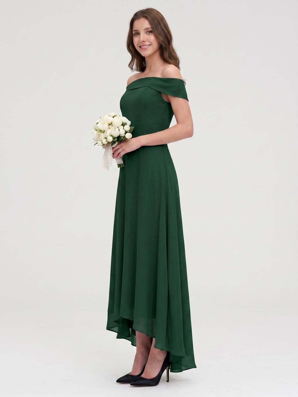 Forest Green Chiffon A-Line Off-the-Shoulder Back Zip Asymmetrical Bridesmaid Dress