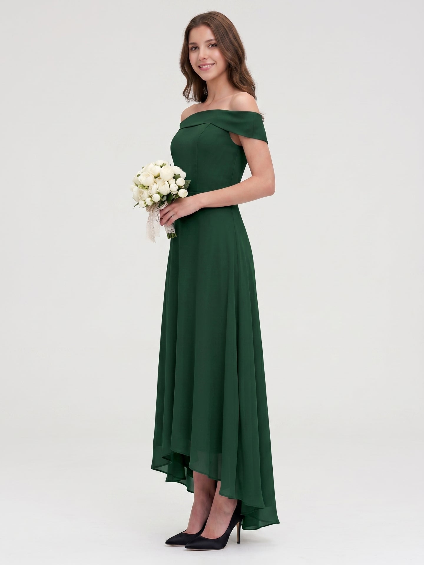 Forest Green Chiffon A-Line Off-the-Shoulder Back Zip Asymmetrical Bridesmaid Dress