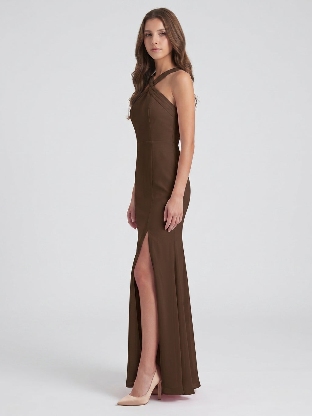 Mocha Chiffon Trumpet Halter Keyhole Back Ankle-Length Bridesmaid Dress