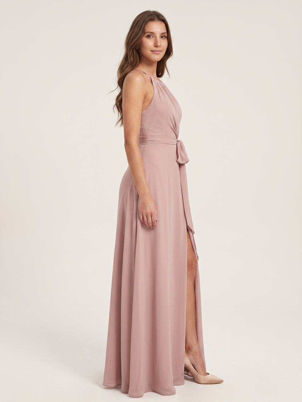 Coquette Dusty Rose Chiffon A-Line Halter neckline Back Zip Ankle-Length  Bridesmaid Dress