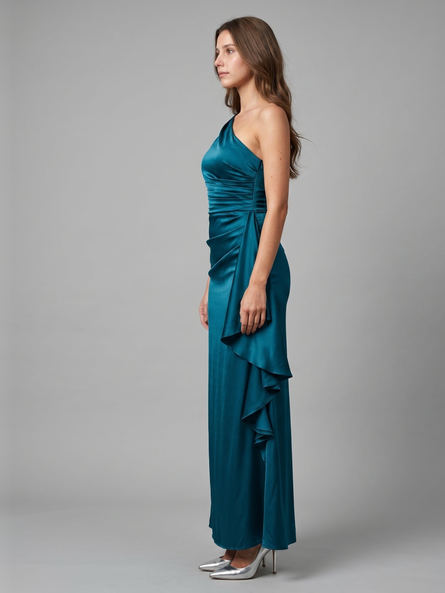 Teal Satin Sheath One Shoulder Side Zip Ankle-Length Ruffle Bridesmaid Dress