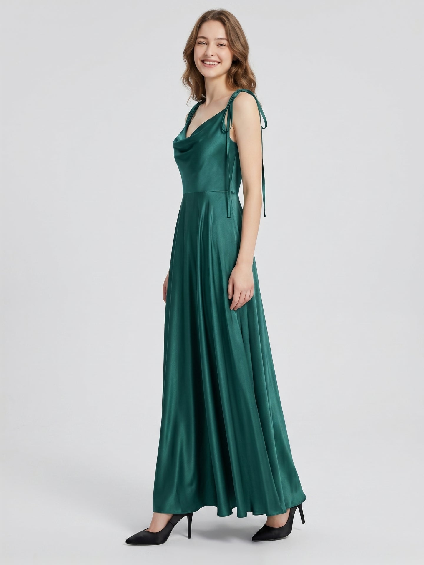 Peacock Satin A-Line Cowl Neck Back Zip Floor-Length Bridesmaid Dress with Bow