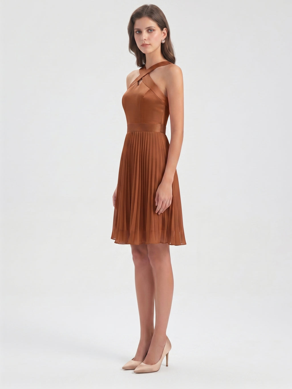 Terracotta Chiffon A-Line Halter Back Zip Knee-Length Pleated Bridesmaid Dress