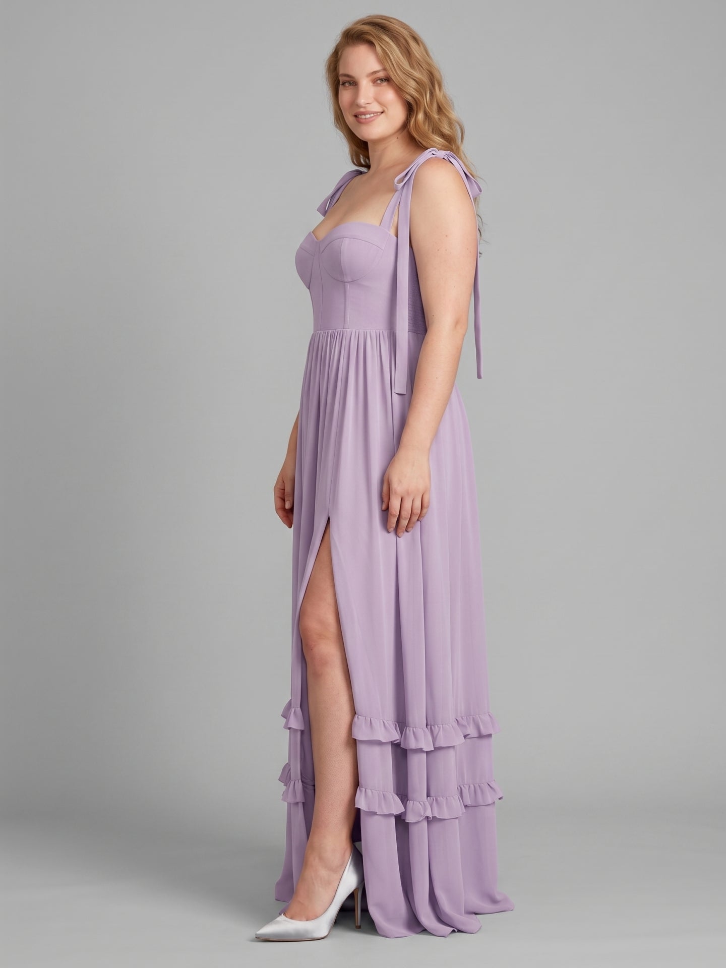 Coquette Lavender Chiffon A-Line Straight Neck Backless Ankle-Length Plus Size Bridesmaid Dress