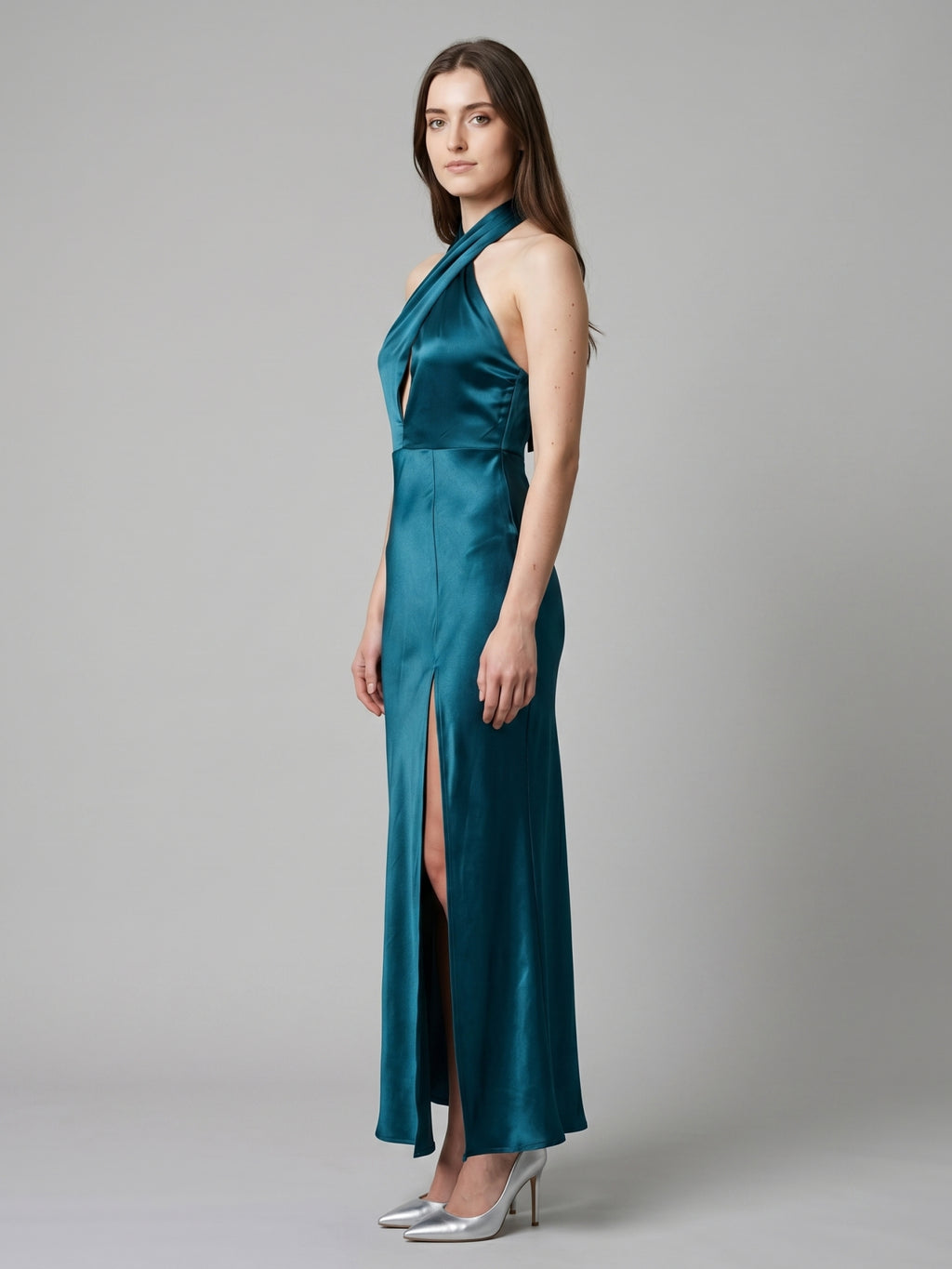 Teal Satin Sheath Halter Lace-Up Back Ankle-Length Bridesmaid Dress