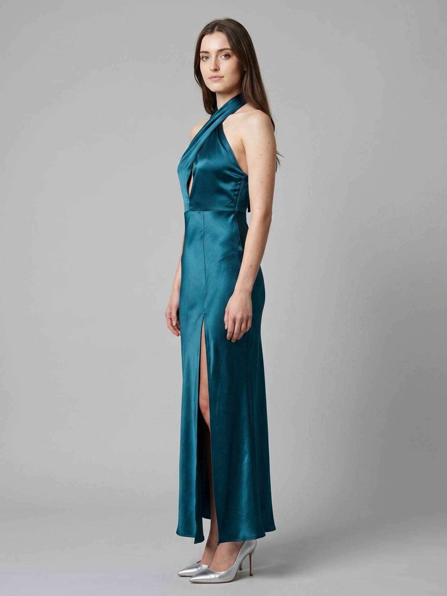 Teal Satin Sheath Halter Lace-Up Back Ankle-Length Bridesmaid Dress