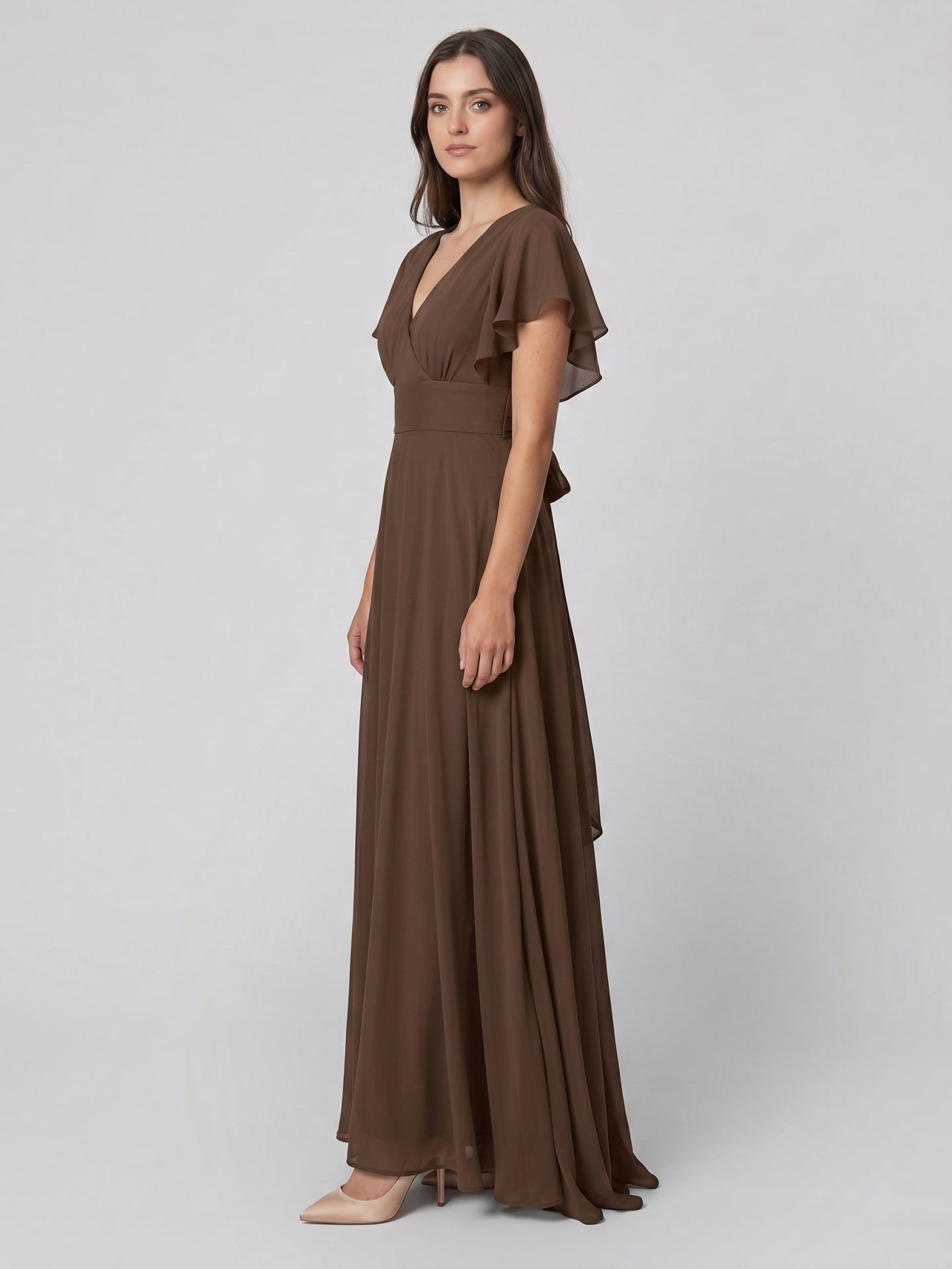Mocha Chiffon A-Line V-Neck Back Zip Floor-Length Ruffle Bridesmaid Dress