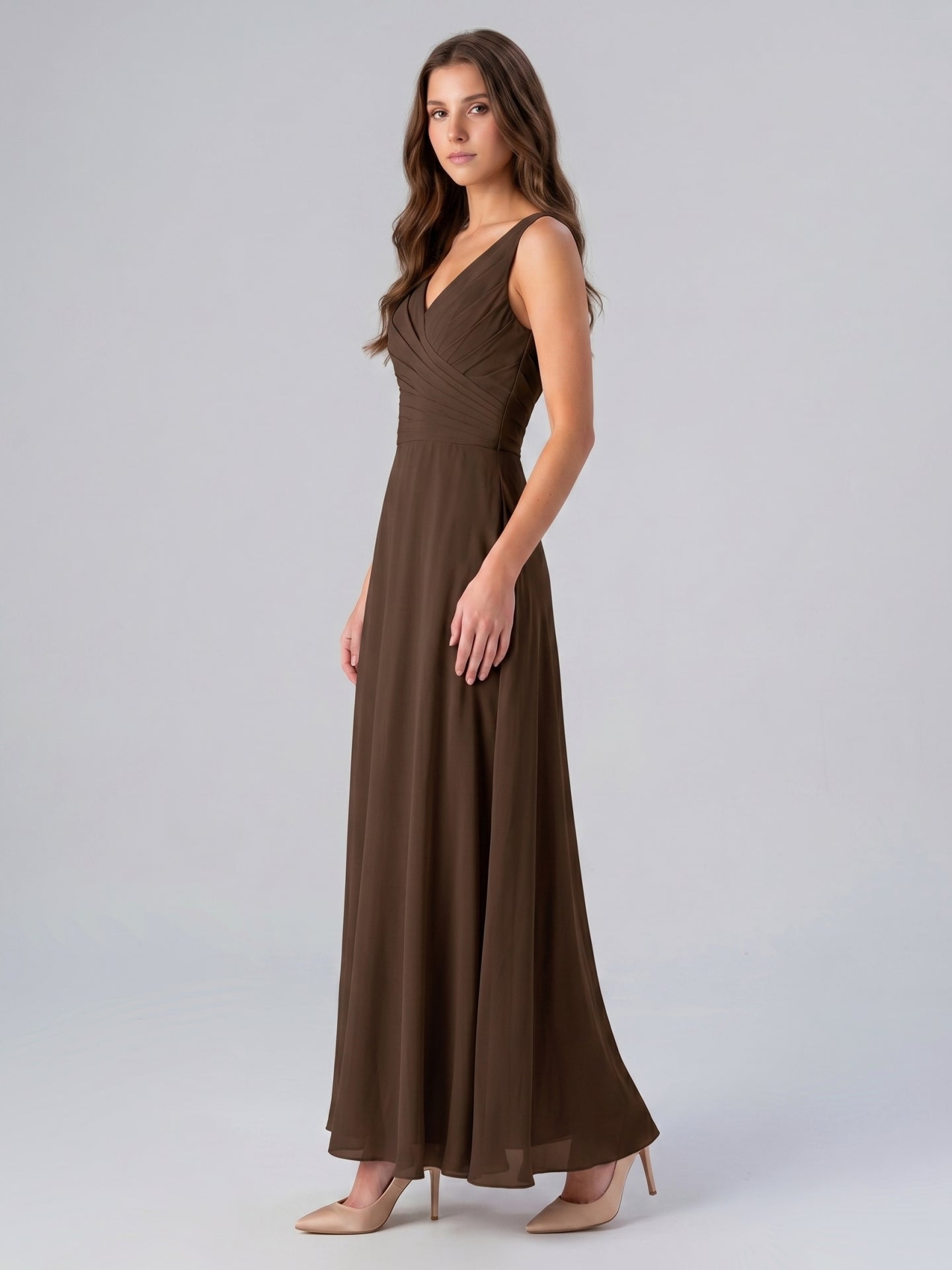 Mocha Chiffon A-Line V-Neck V-Back Floor-Length Bridesmaid Dress with Pockets