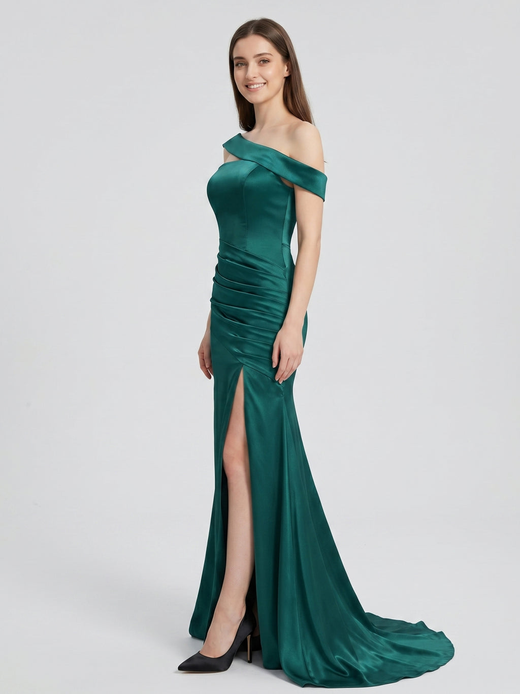 Peacock Satin Sheath Off-the-Shoulder Backless Floor-Length Pleated Bridesmaid  Dress