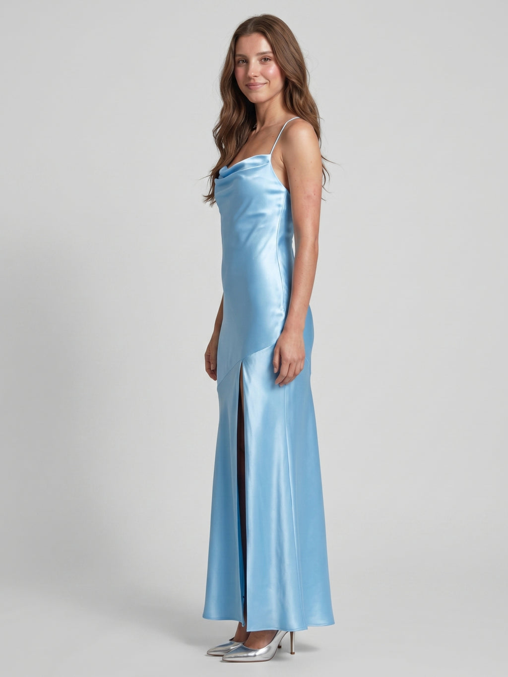 Ethereal Sky Blue Satin Sheath Straight Neck Backless Ankle-Length  Bridesmaid Dress