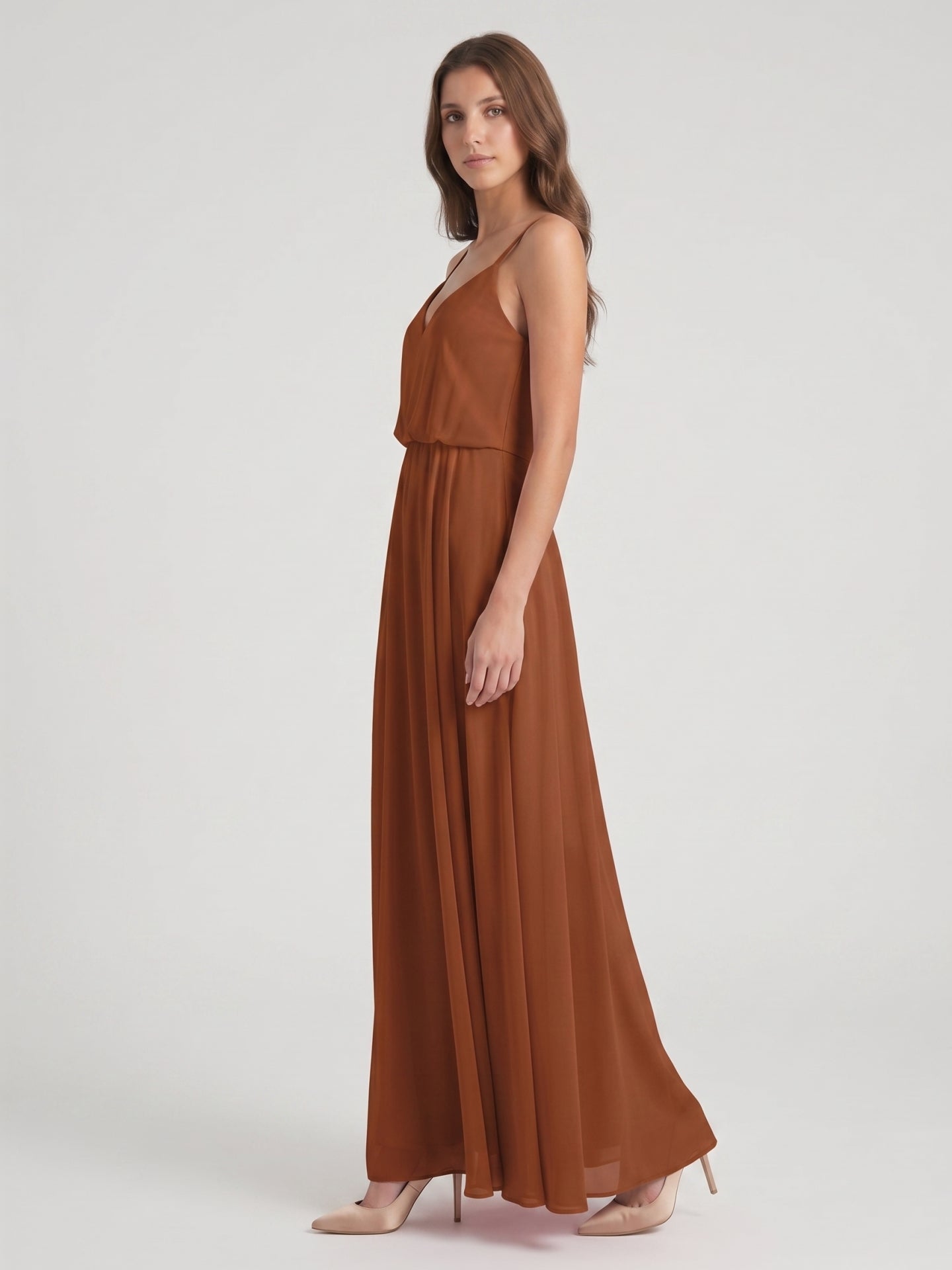 Terracotta Chiffon A-Line V-Neck Backless Floor-Length Bridesmaid Dress