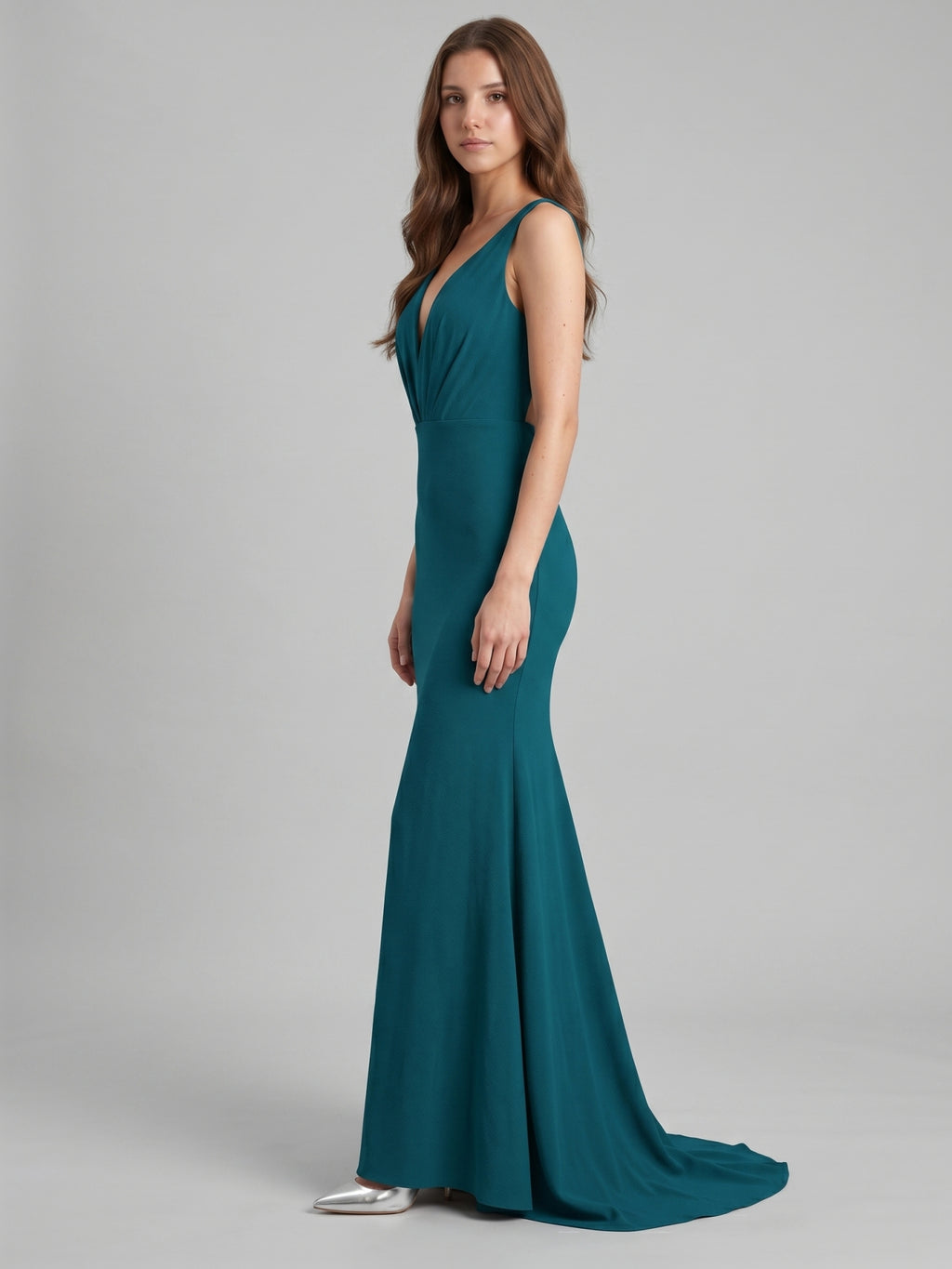 Teal Stretch Knit Mermaid V-Neck Backless Floor-Length Bridesmaid Dress