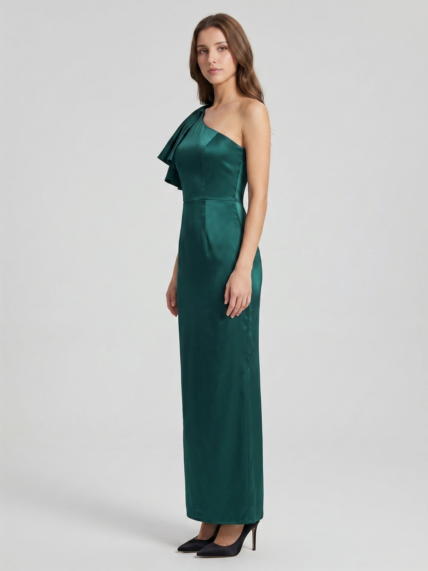 Peacock Satin Sheath One Shoulder Back Zip Floor-Length Ruffle Bridesmaid Dress