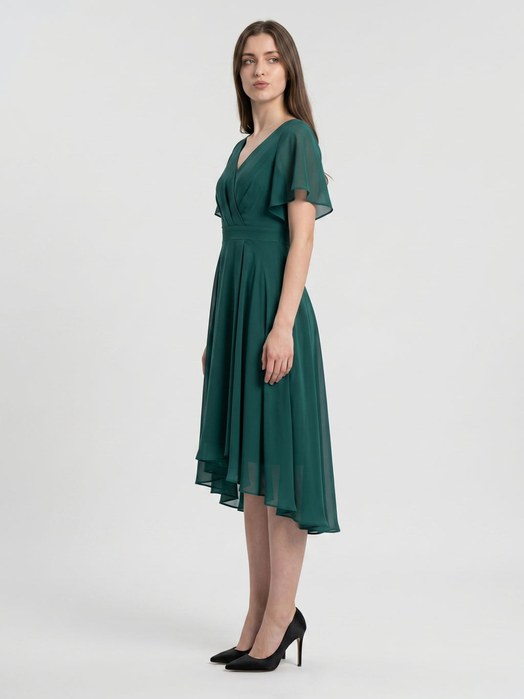 Peacock Chiffon A-Line V-Neck Back Zip Asymmetrical Pleated Bridesmaid Dress