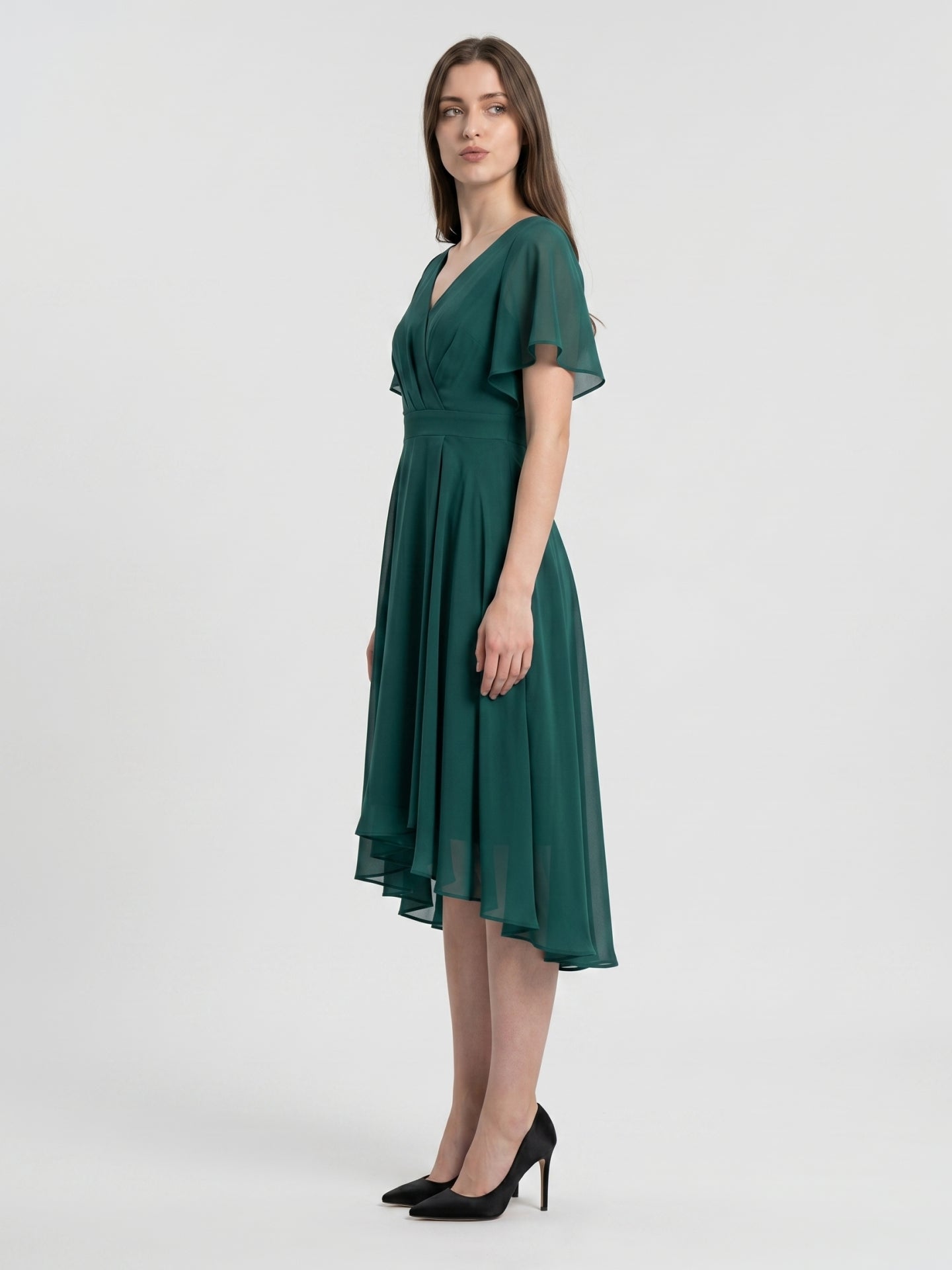 Peacock Chiffon A-Line V-Neck Back Zip Asymmetrical Pleated Bridesmaid Dress