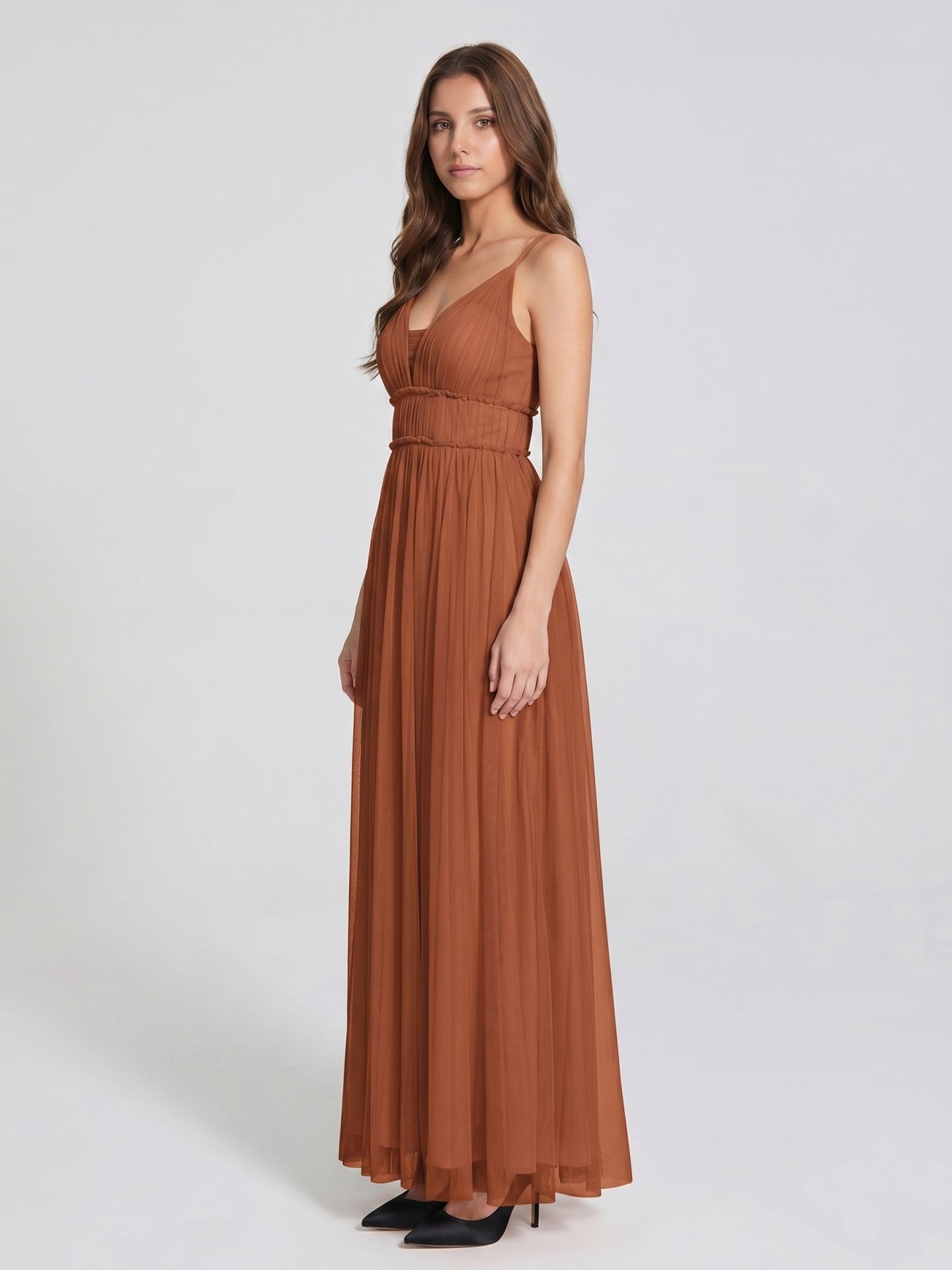 Terracotta Tulle A-Line V-Neck Backless Floor-Length Pleated Bridesmaid Dress