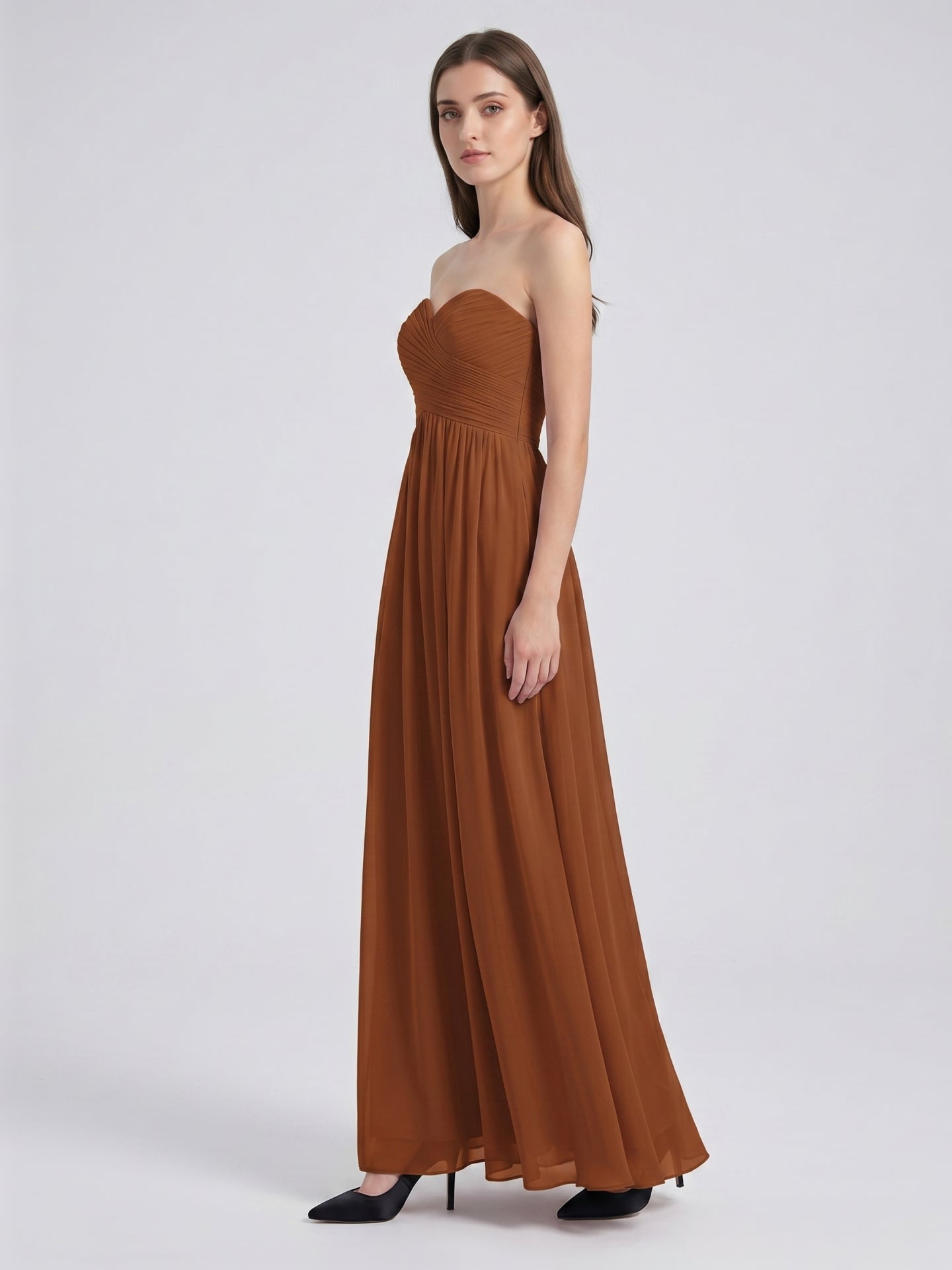 Terracotta Chiffon A-Line Off-the-Shoulder Back Zip Floor-Length Pleated Bridesmaid Dress