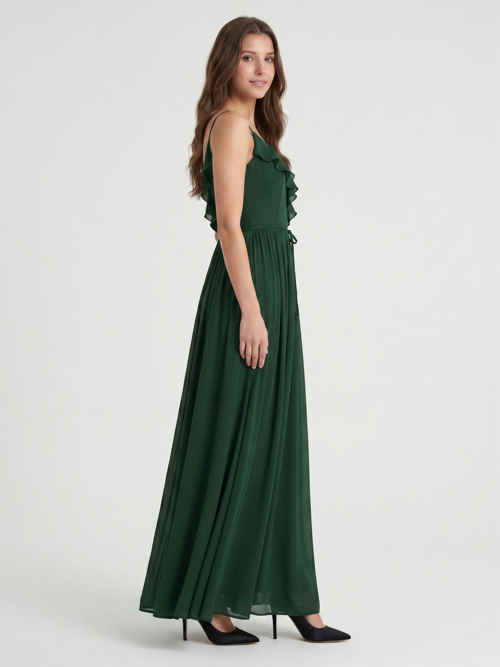 Forest Green Chiffon A-Line V-Neck V-Back Floor-Length Ruffle Bridesmaid Dress