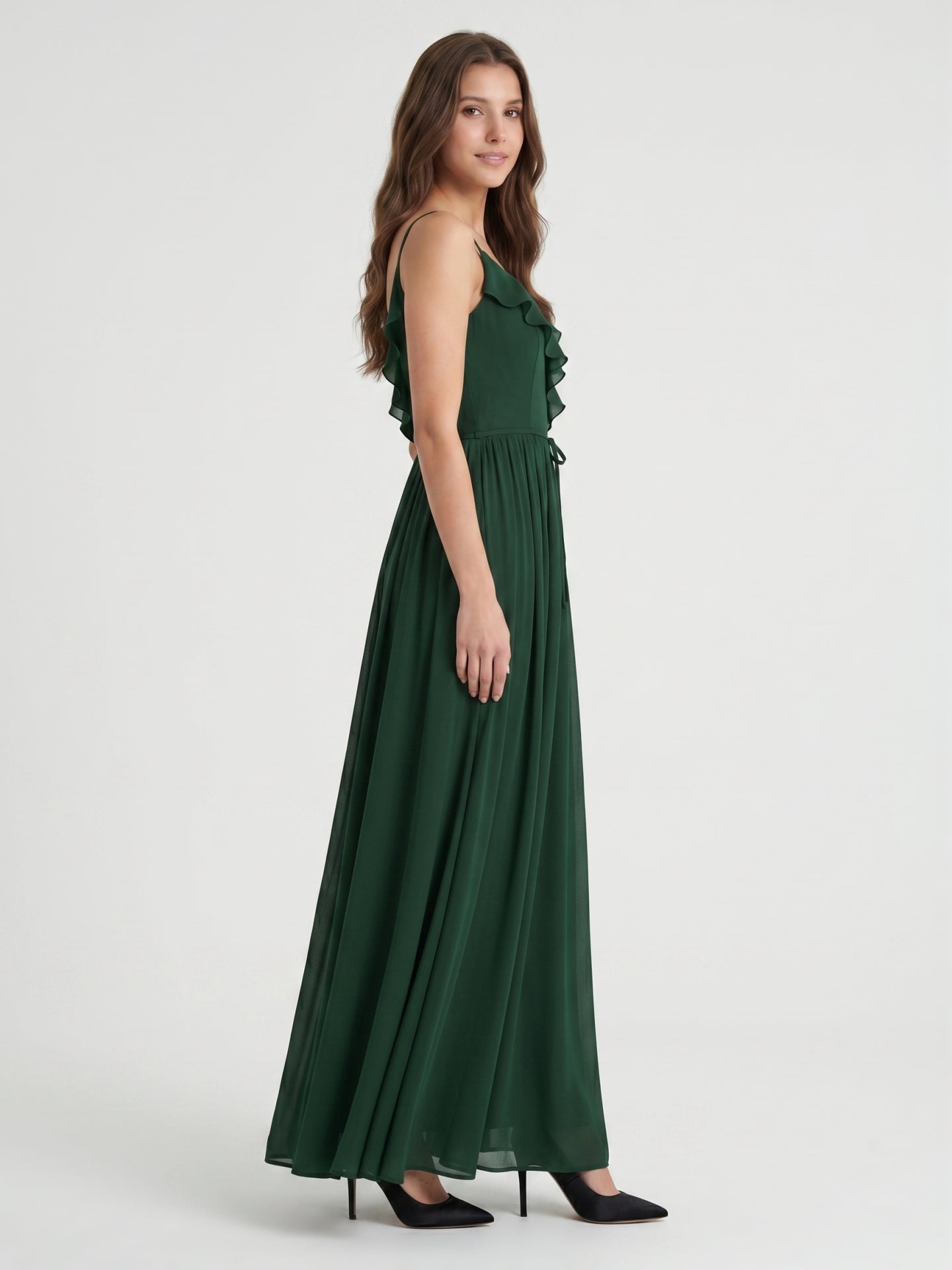 Forest Green Chiffon A-Line V-Neck V-Back Floor-Length Ruffle Bridesmaid Dress
