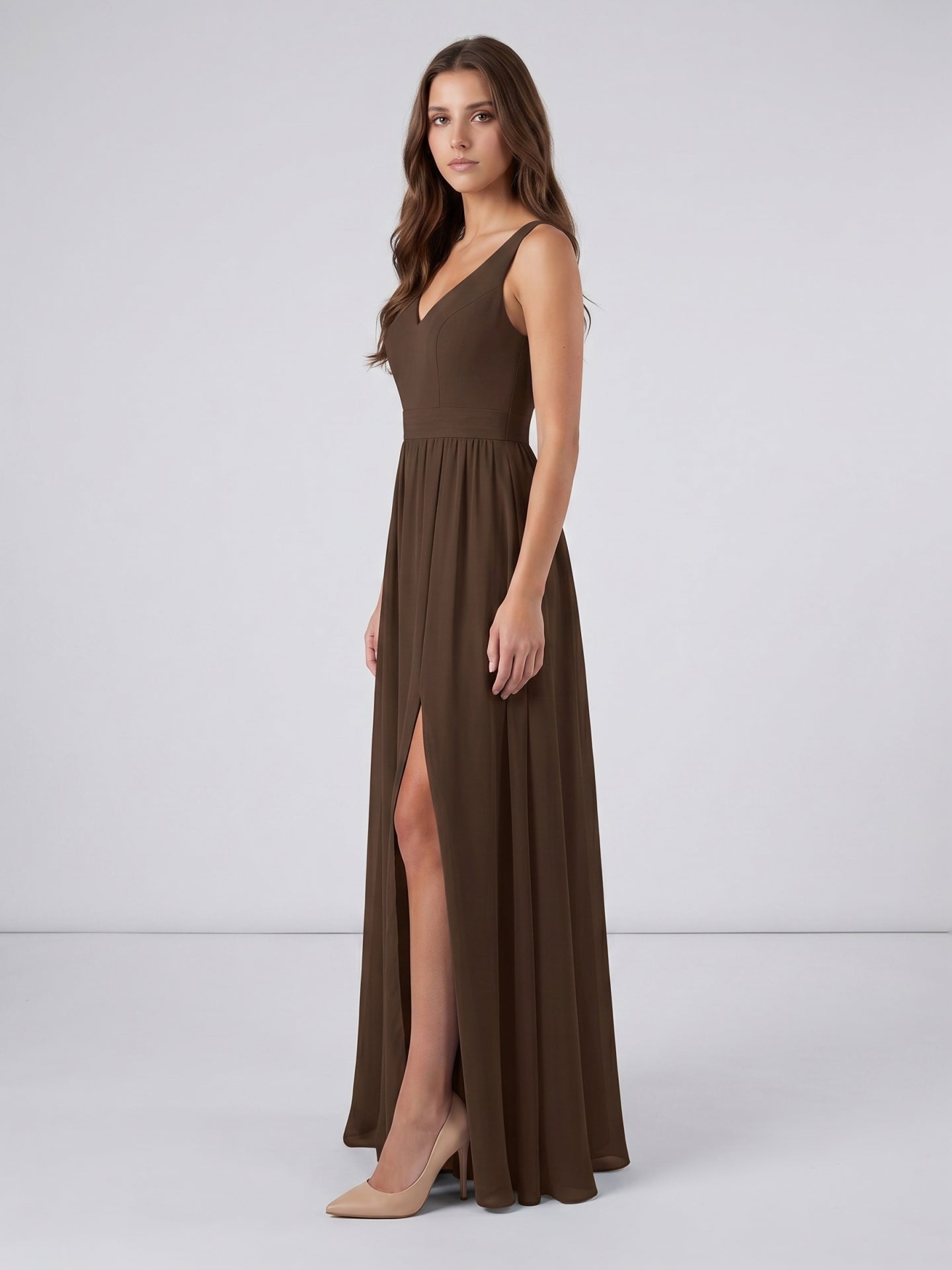 Mocha Chiffon A-Line V-Neck Backless Floor-Length Pleated Bridesmaid Dress