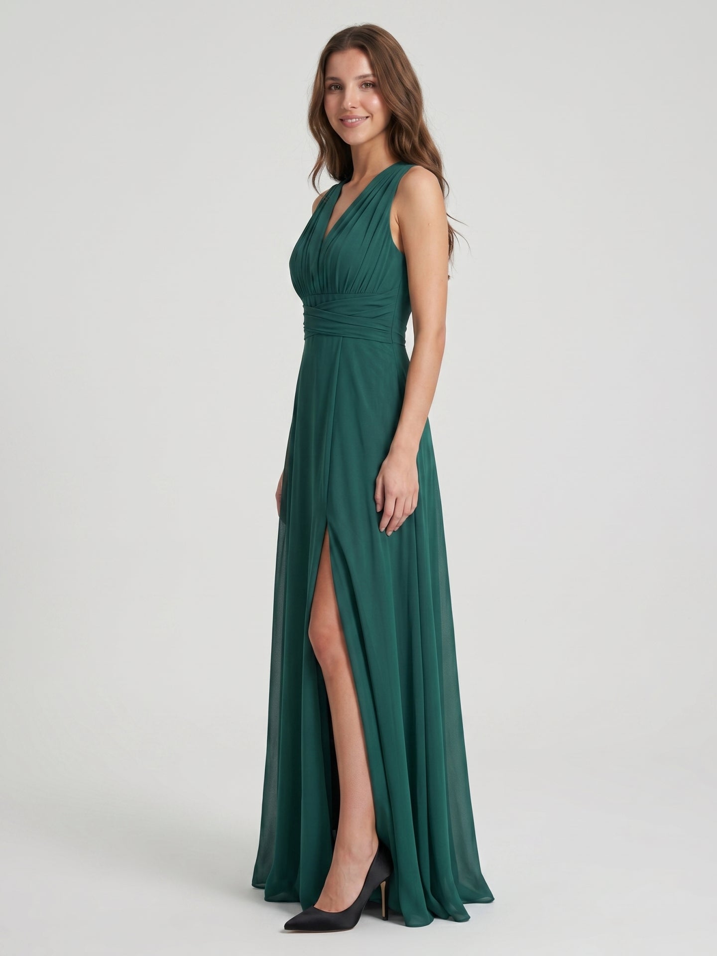 Peacock Chiffon A-Line V-Neck Back Zip Floor-Length Pleated Bridesmaid Dress