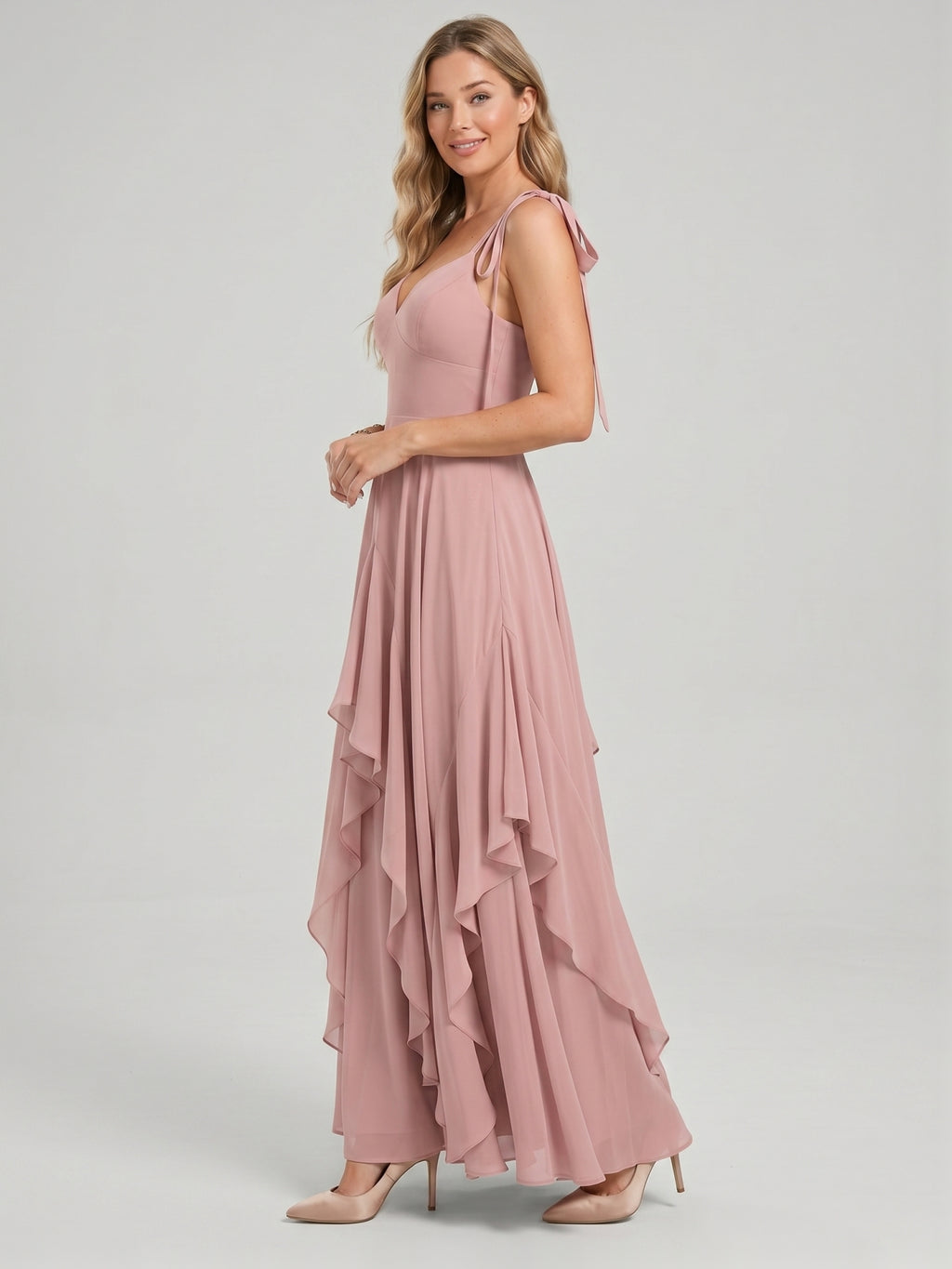 Sweet & Flowy Dusty Rose Chiffon A-Line V-Neck Back Zip with Ruffle Ankle-Length Bridesmaid Dress