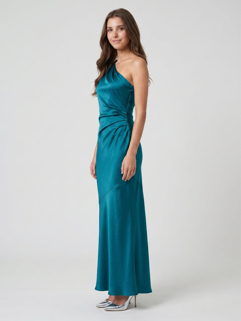 Elegant Teal Satin column One Shoulder Backless Ankle-Length Bridesmaid Dress