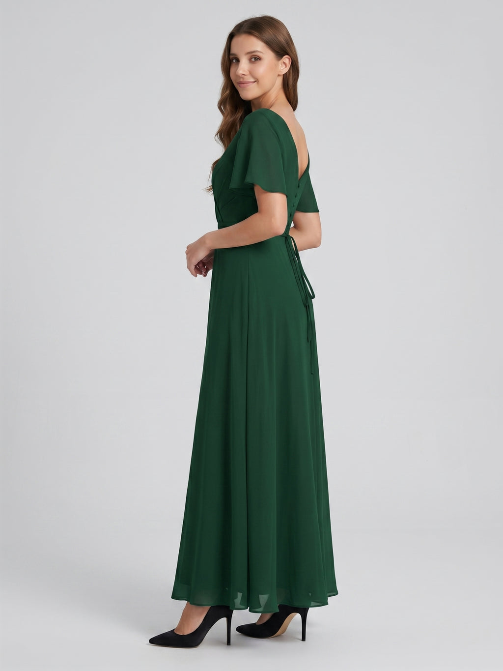 Forest Green Chiffon A-Line V-Neck V-Back Floor-Length Bridesmaid Dress
