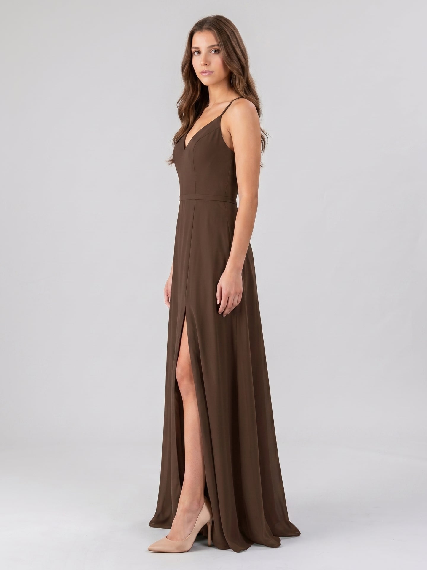 Mocha Chiffon A-Line V-Neck Backless Floor-Length Bridesmaid Dress