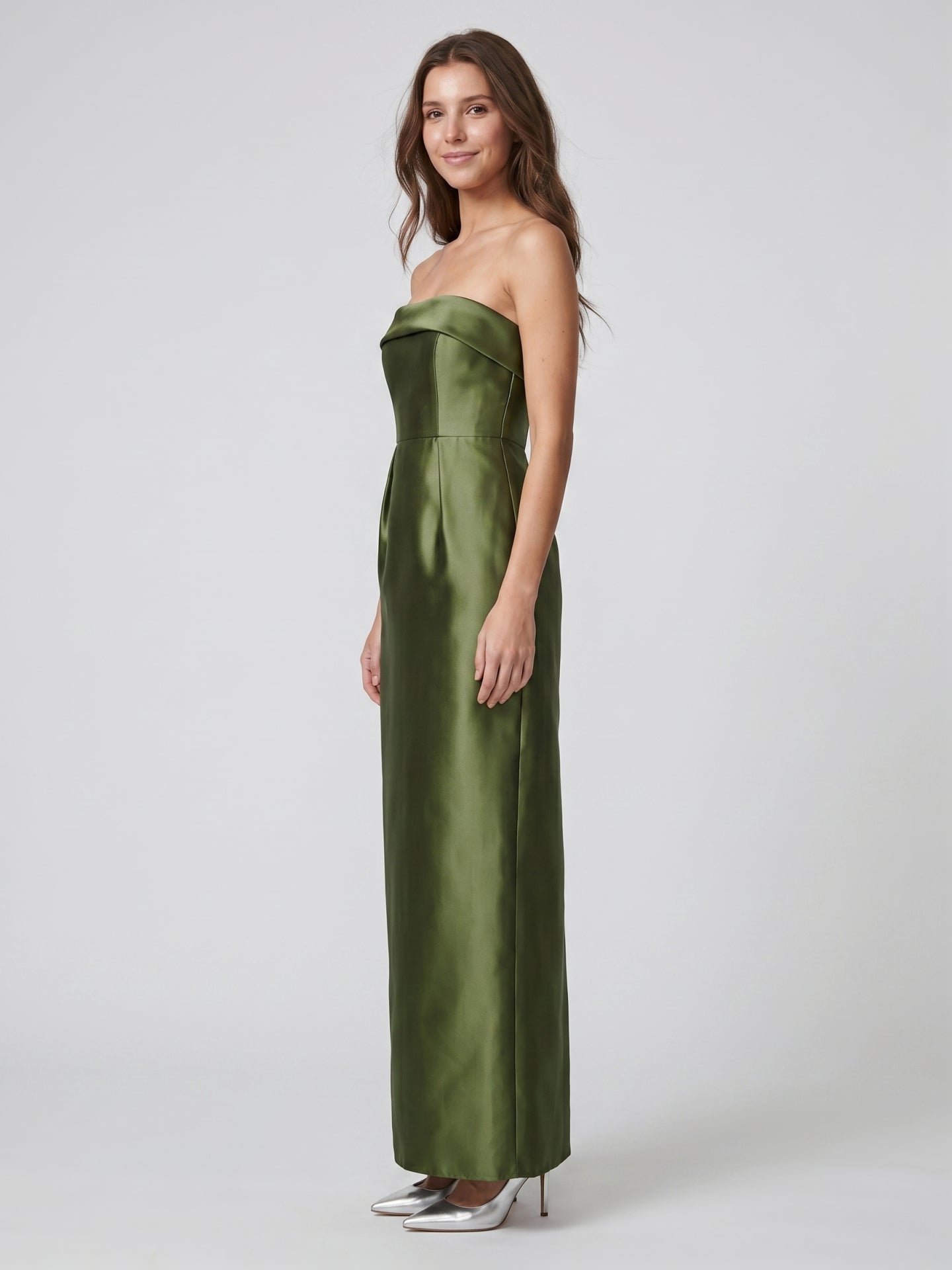 Olive Green Satin Sheath Off-the-Shoulder Backless Floor-Length Bridesmaid Dress