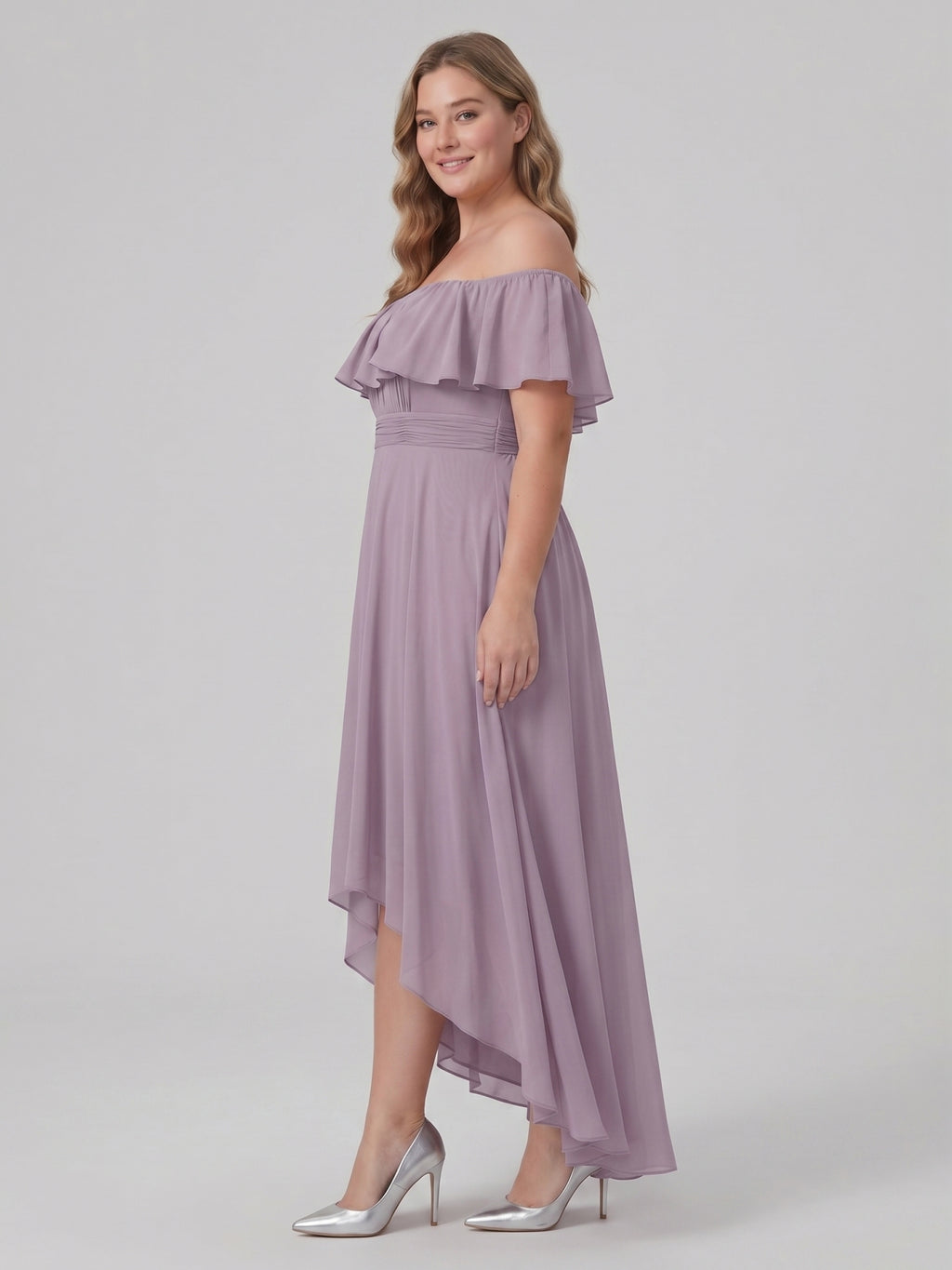 Sweet & Flowy lavender Chiffon A-Line Off-the-Shoulder Backless Asymmetrical Plus Size Bridesmaid Dress