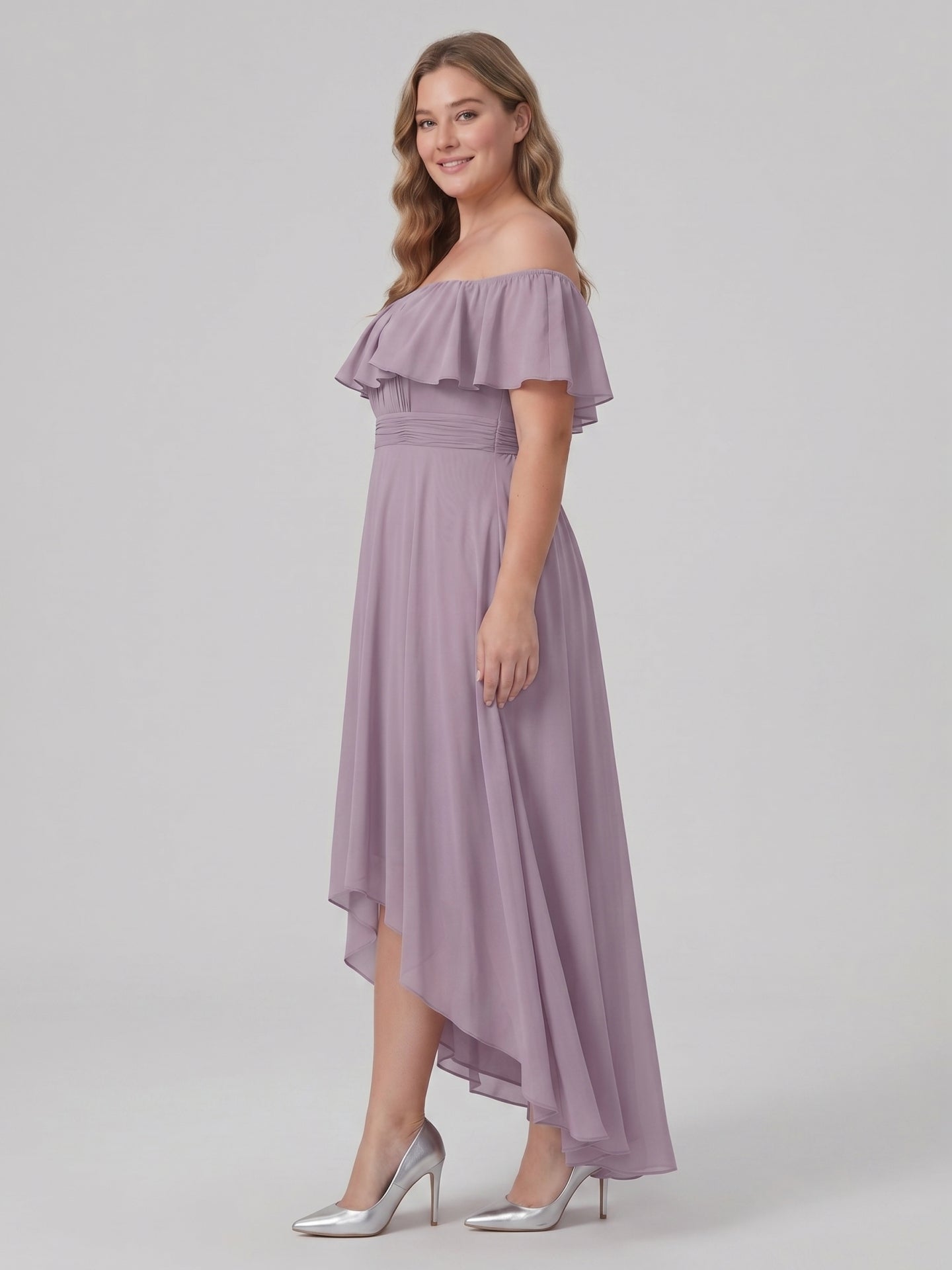 Sweet & Flowy lavender Chiffon A-Line Off-the-Shoulder Backless Asymmetrical Plus Size Bridesmaid Dress