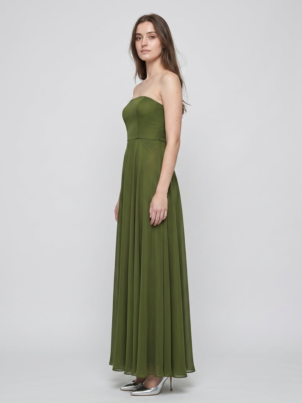 Olive Green Chiffon A-Line Off-the-Shoulder Backless Floor-Length Bridesmaid Dress