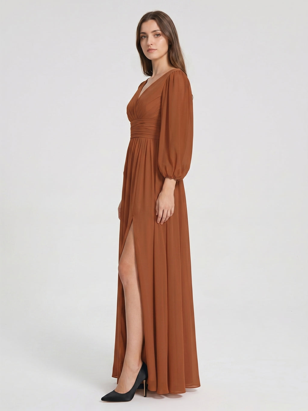 Terracotta Chiffon A-Line V-Neck V-Back Ankle-Length Pleated Bridesmaid Dress