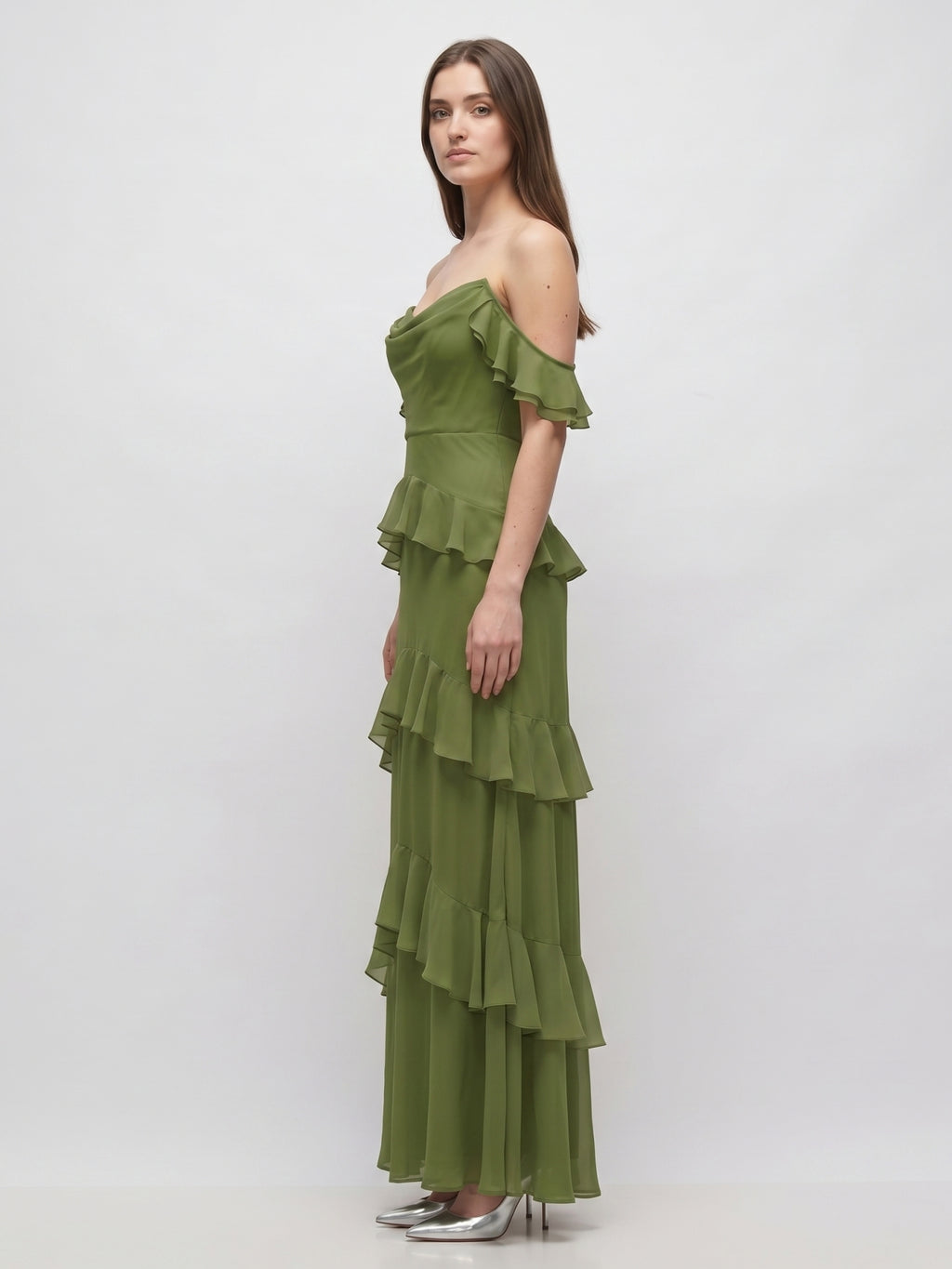 Olive Green Chiffon Sheath Off-the-Shoulder Back Zip Floor-Length Ruffle Bridesmaid Dress