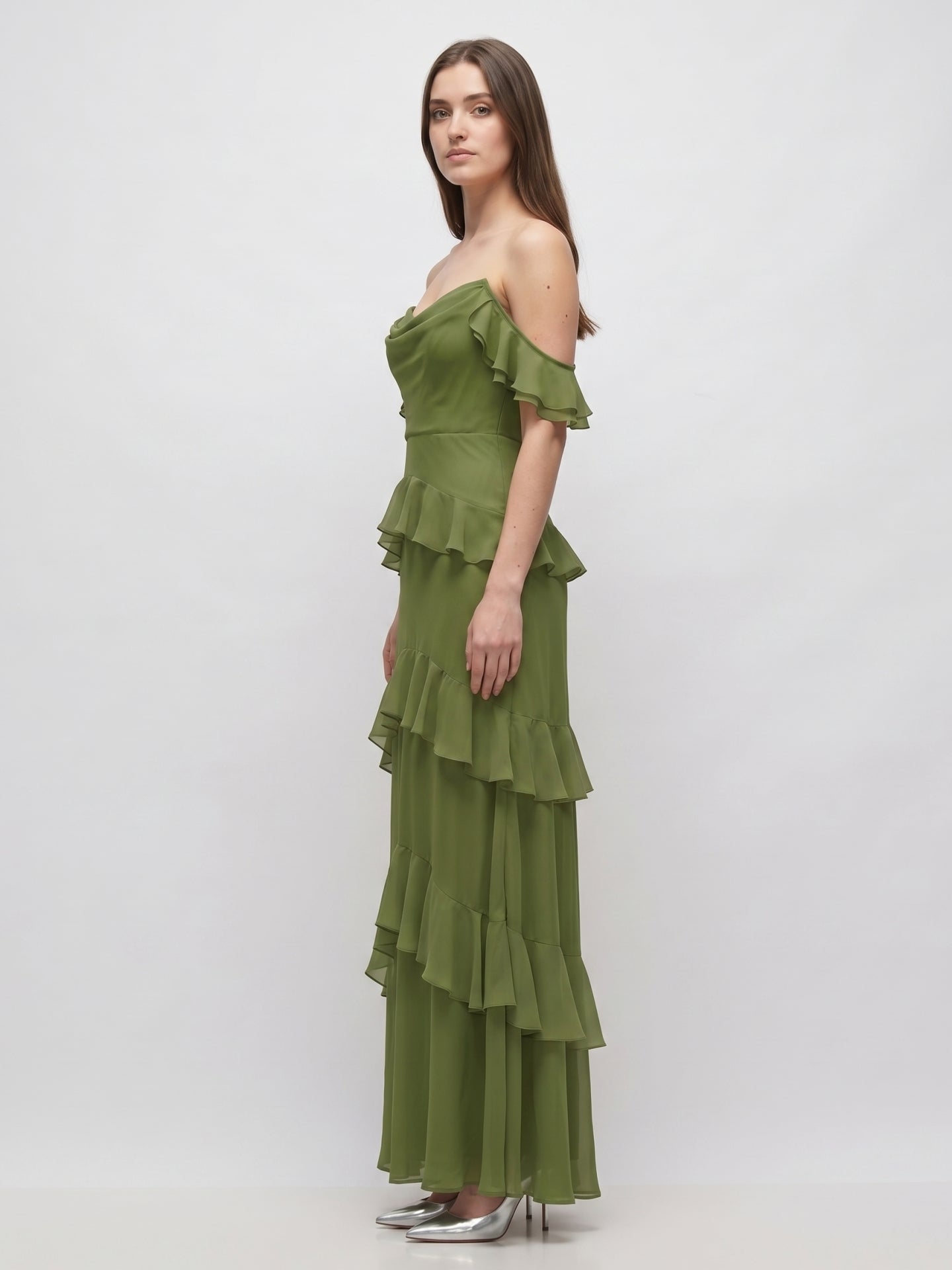 Olive Green Chiffon Sheath Off-the-Shoulder Back Zip Floor-Length Ruffle Bridesmaid Dress