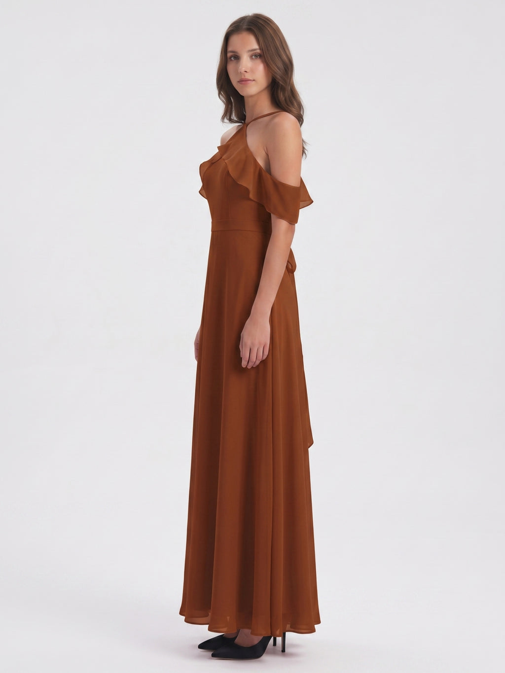 Terracotta Chiffon Sheath Off-the-Shoulder Backless Floor-Length Ruffle Dress