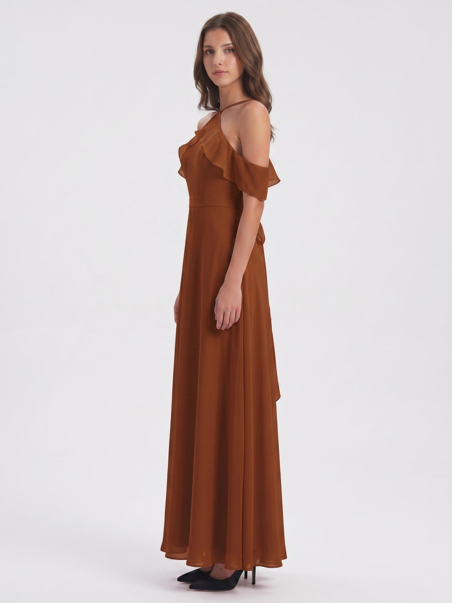 Terracotta Chiffon Sheath Off-the-Shoulder Backless Floor-Length Ruffle Dress