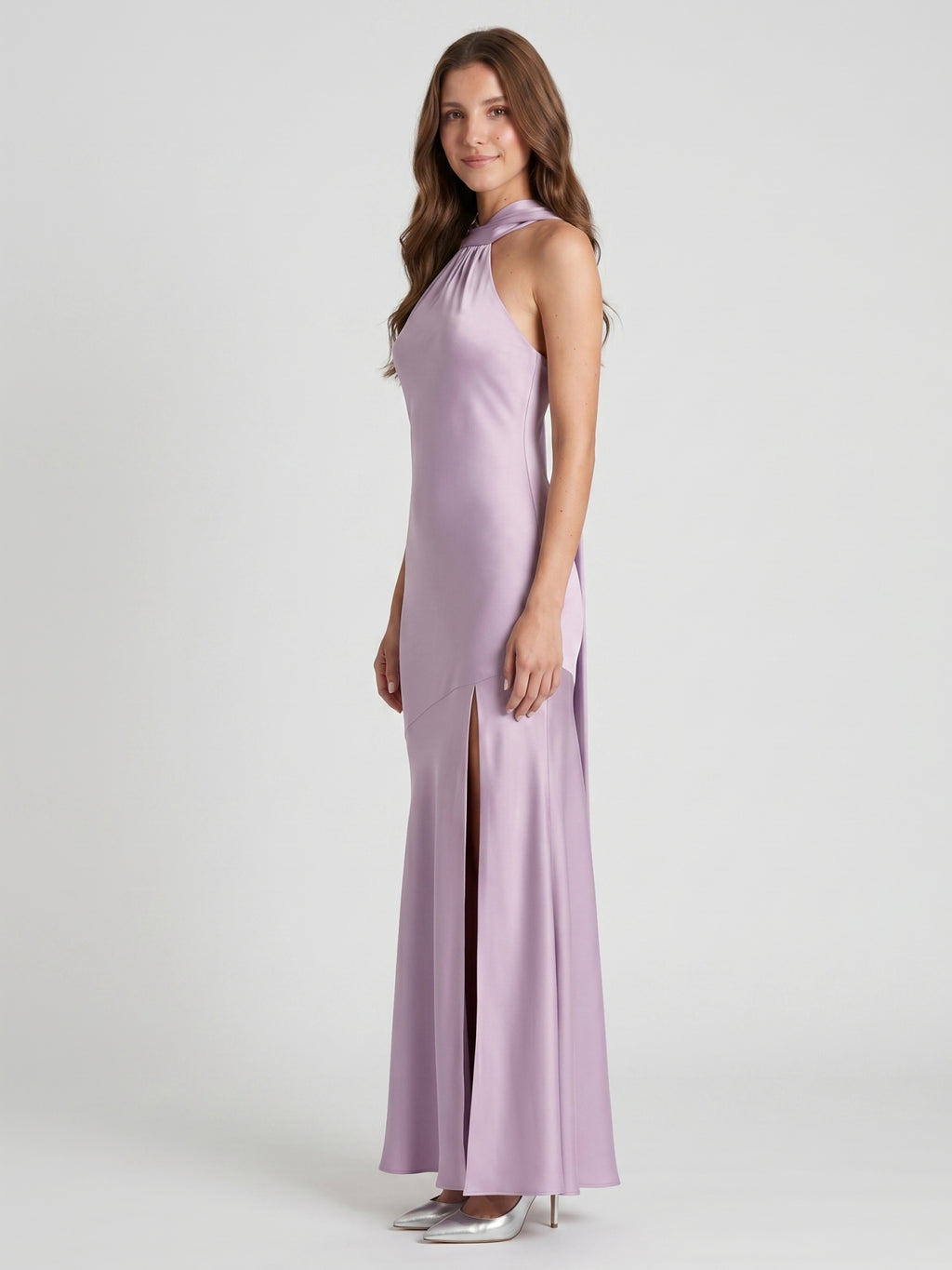 Elegant Lavender Matte Satin Sheath Halter neckline Back Zip Ankle-Length Bridesmaid Dress