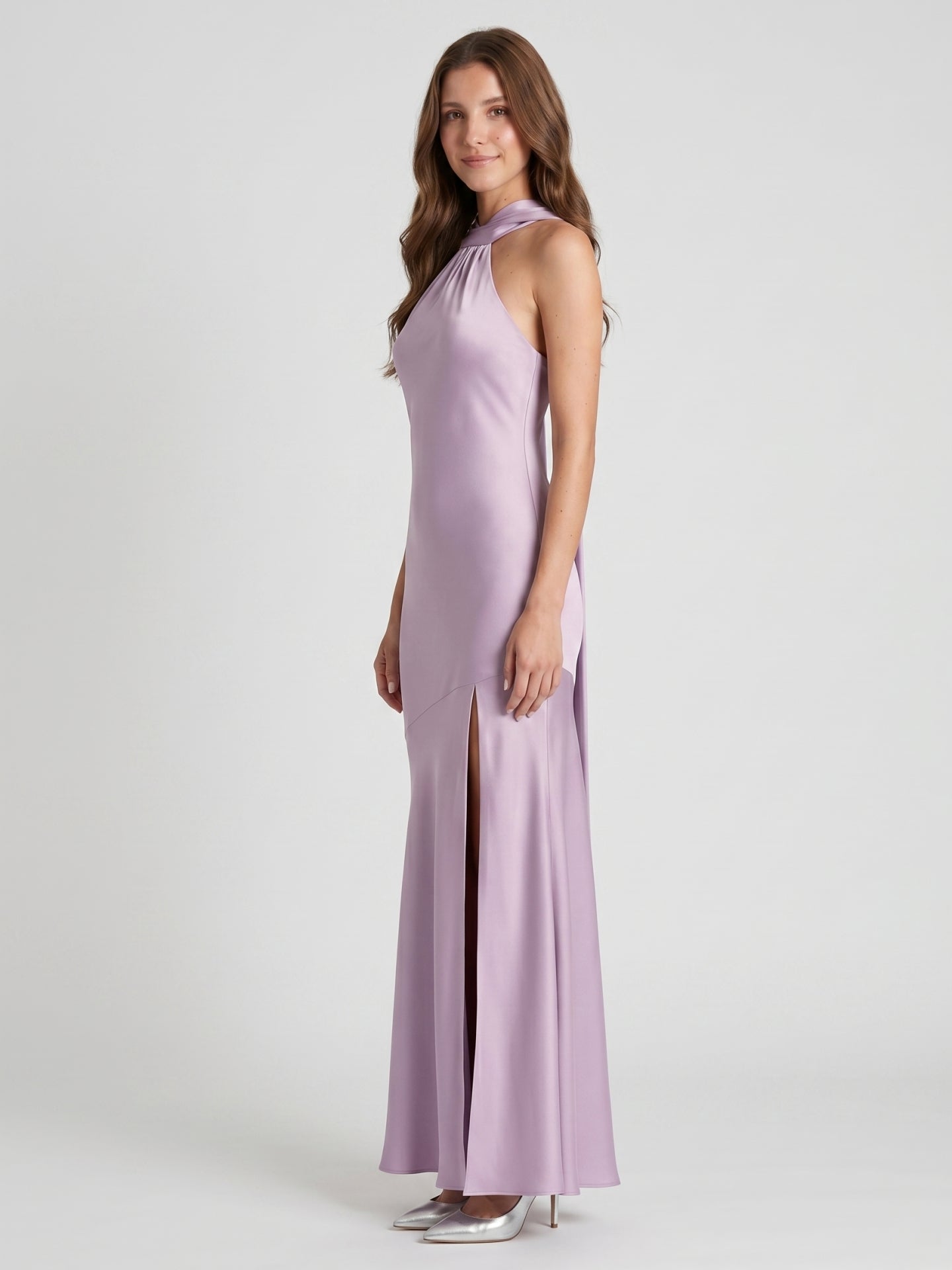 Elegant Lavender Matte Satin Sheath Halter neckline Back Zip Ankle-Length Bridesmaid Dress
