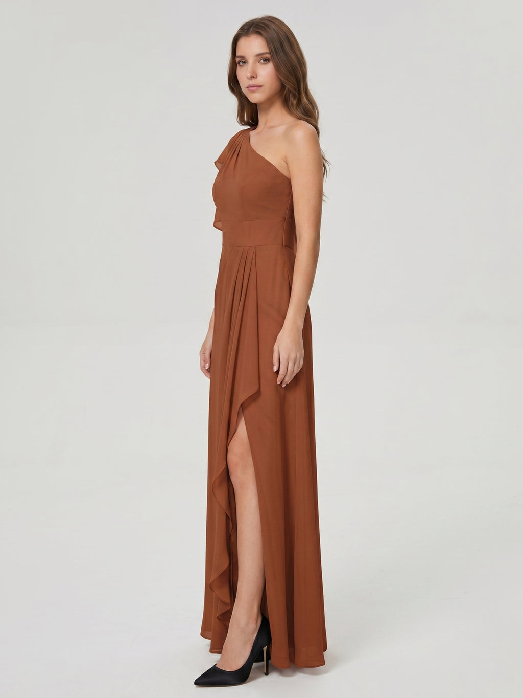Terracotta Chiffon Sheath One Shoulder Back Zip Floor-Length Ruffle Bridesmaid Dress