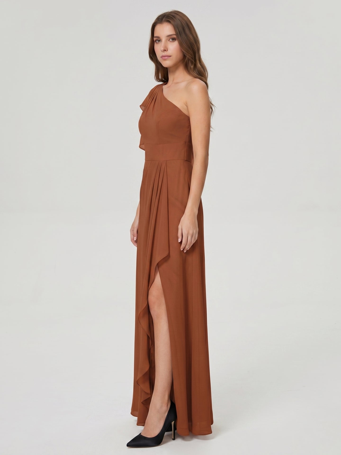 Terracotta Chiffon Sheath One Shoulder Back Zip Floor-Length Ruffle Bridesmaid Dress