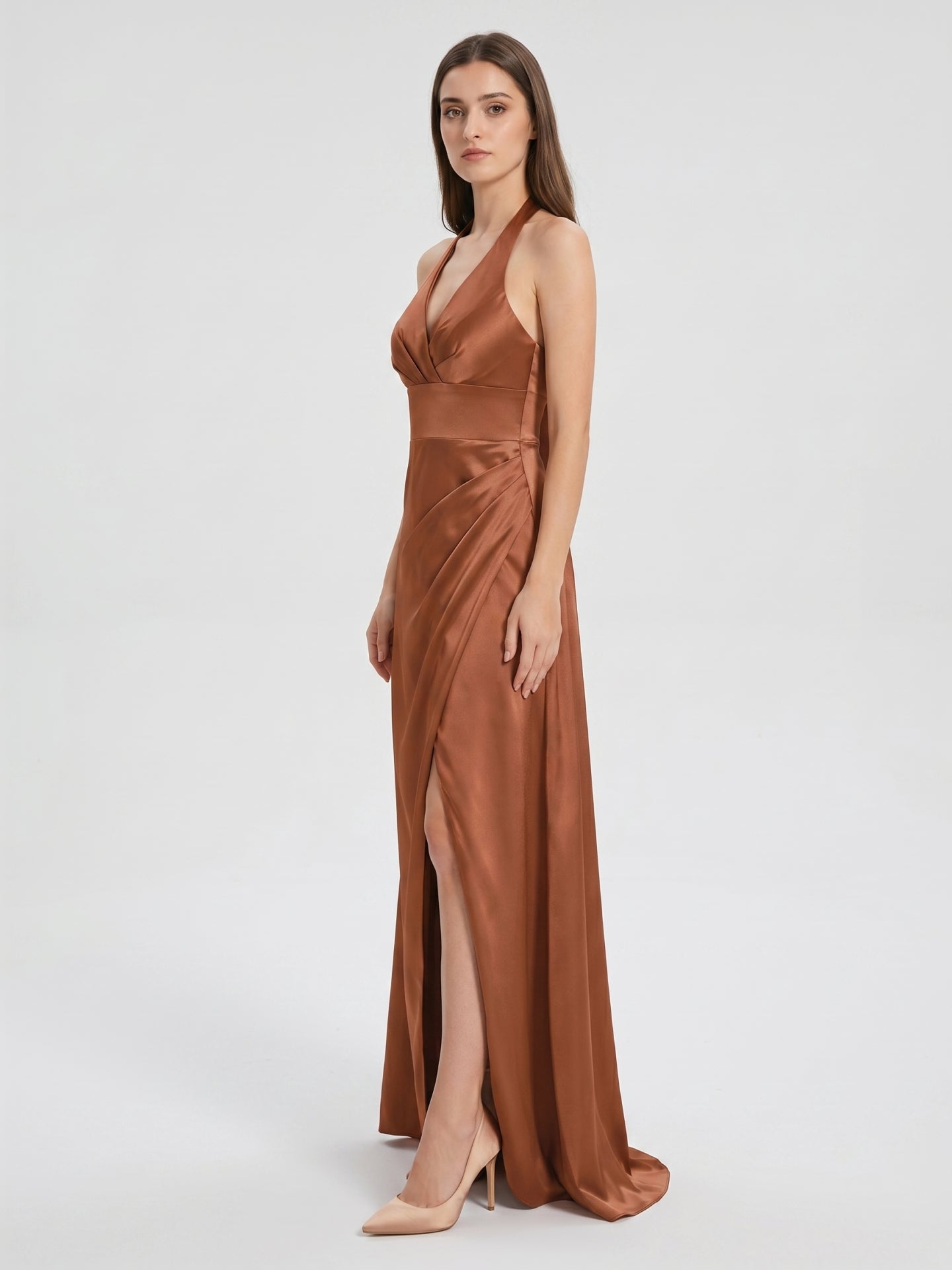 Terracotta Satin A-Line Halter Backless Floor-Length Pleated Bridesmaid Dress