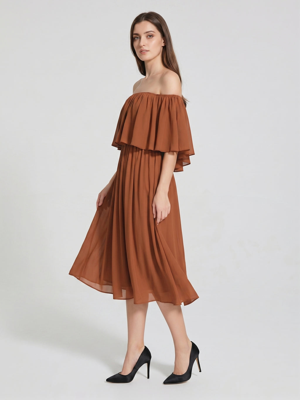 Terracotta Chiffon A-Line Off-the-Shoulder Backless Tea-Length Ruffle Bridesmaid Dress