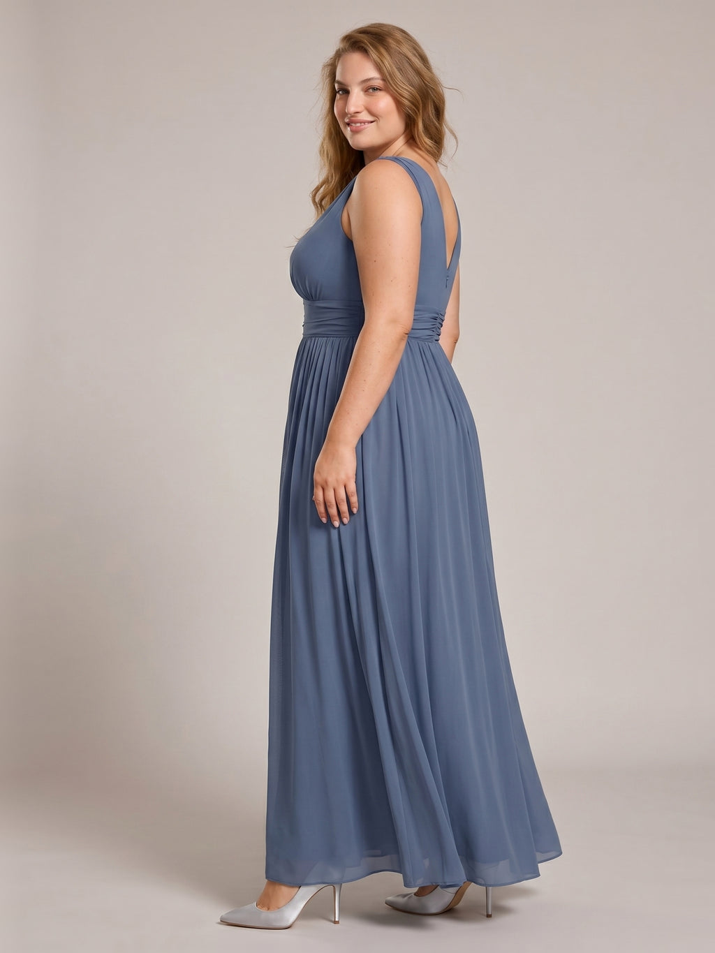 Simple Stormy Chiffon Empire V-Neck Back Zip Ankle-Length Plus Size Bridesmaid Dress