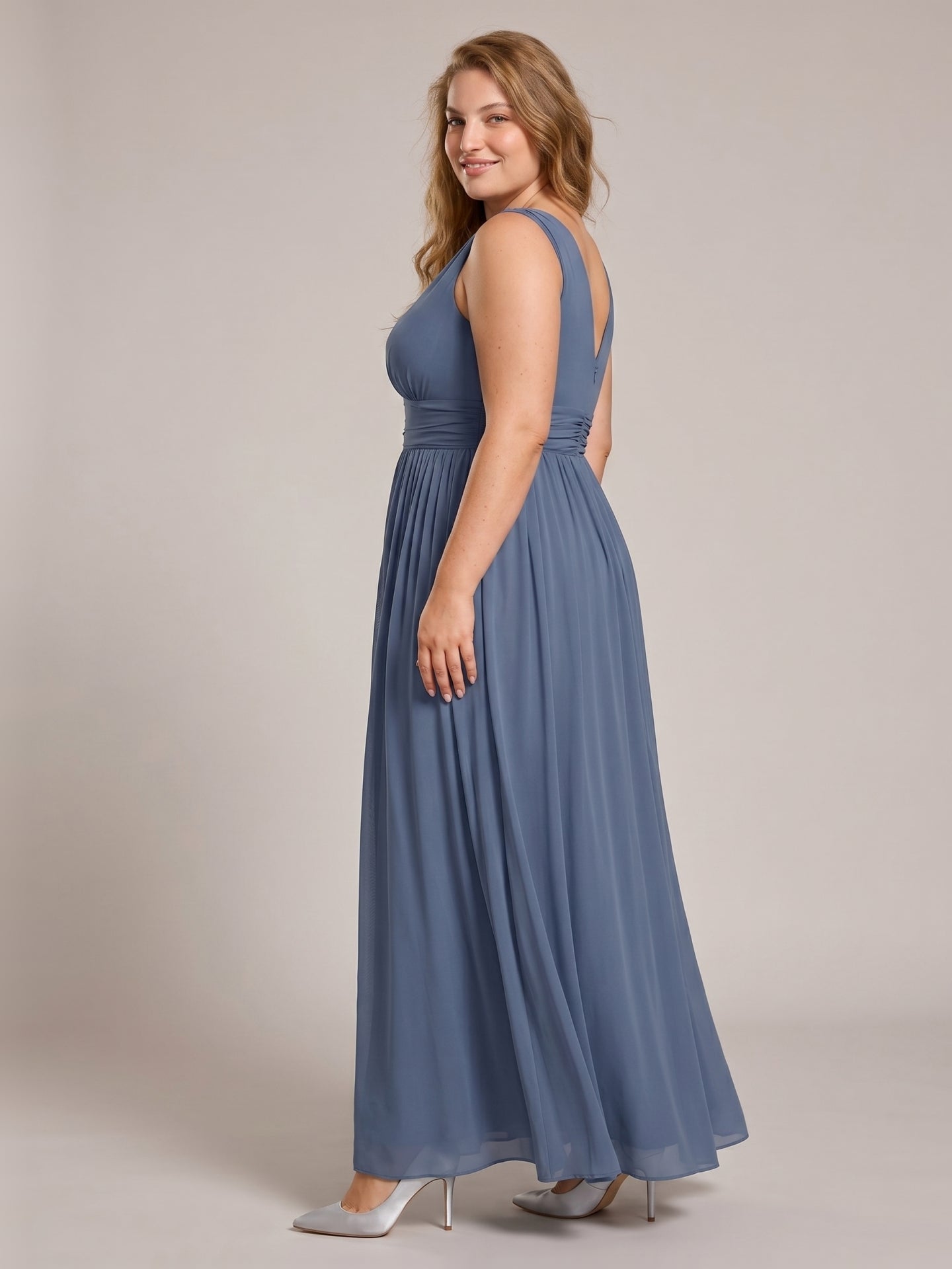 Simple Stormy Chiffon Empire V-Neck Back Zip Ankle-Length Plus Size Bridesmaid Dress