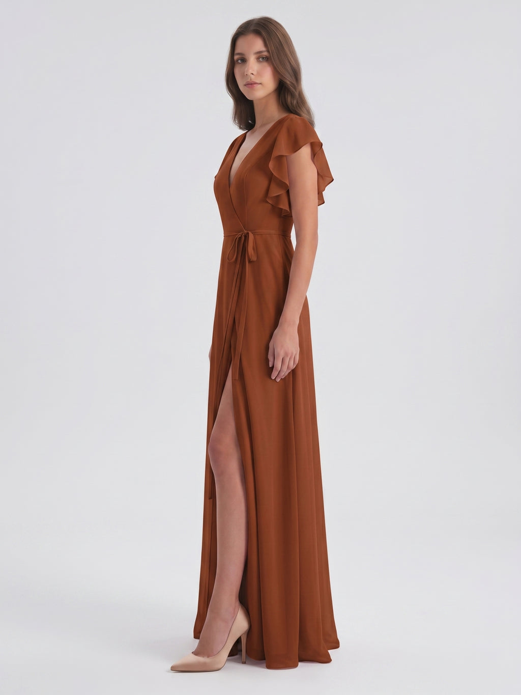 Terracotta Chiffon Sheath V-Neck Back Zip Floor-Length Ruffle Bridesmaid Dress